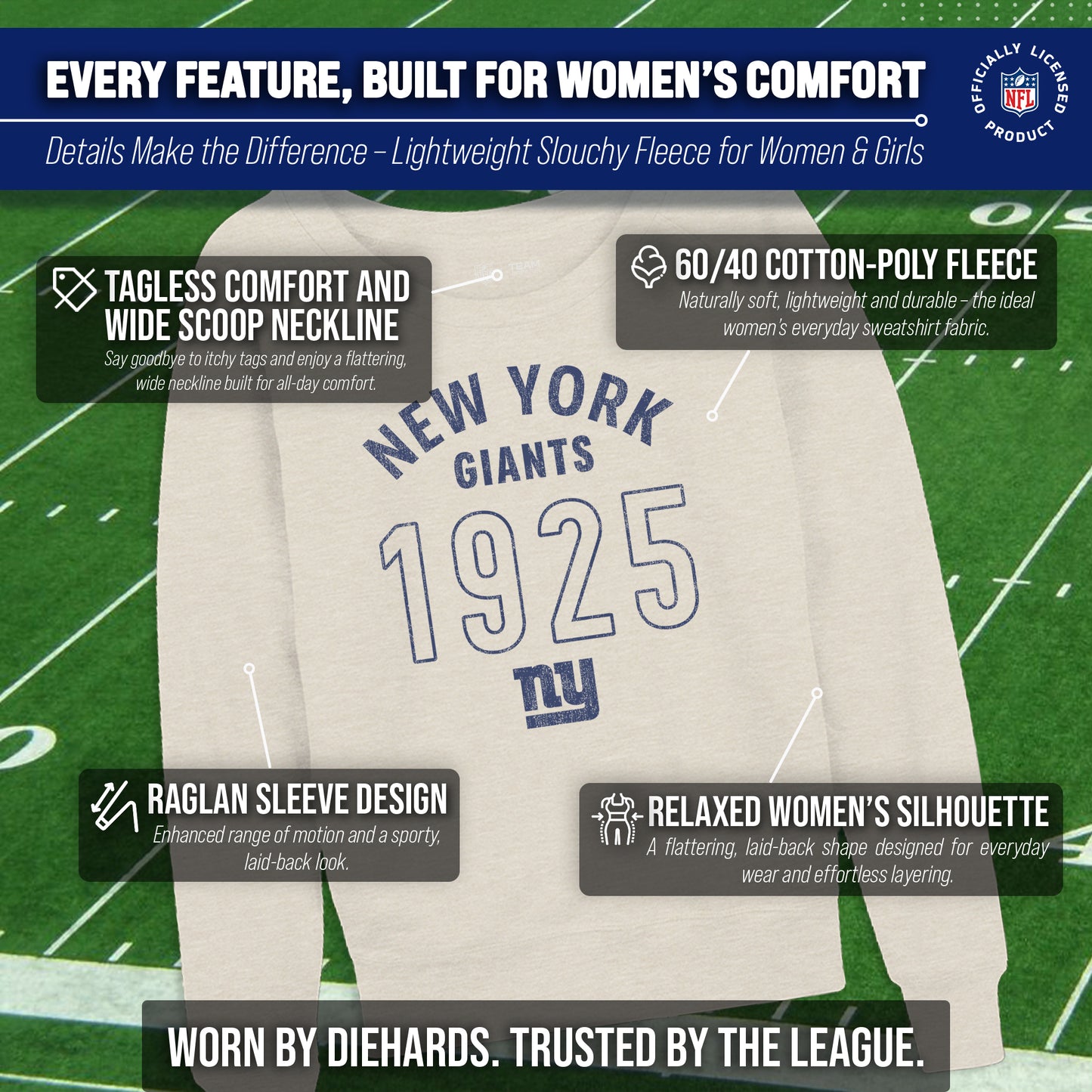 New York Giants NFL Womens Big Date French Terry Slouchy Top - Birch