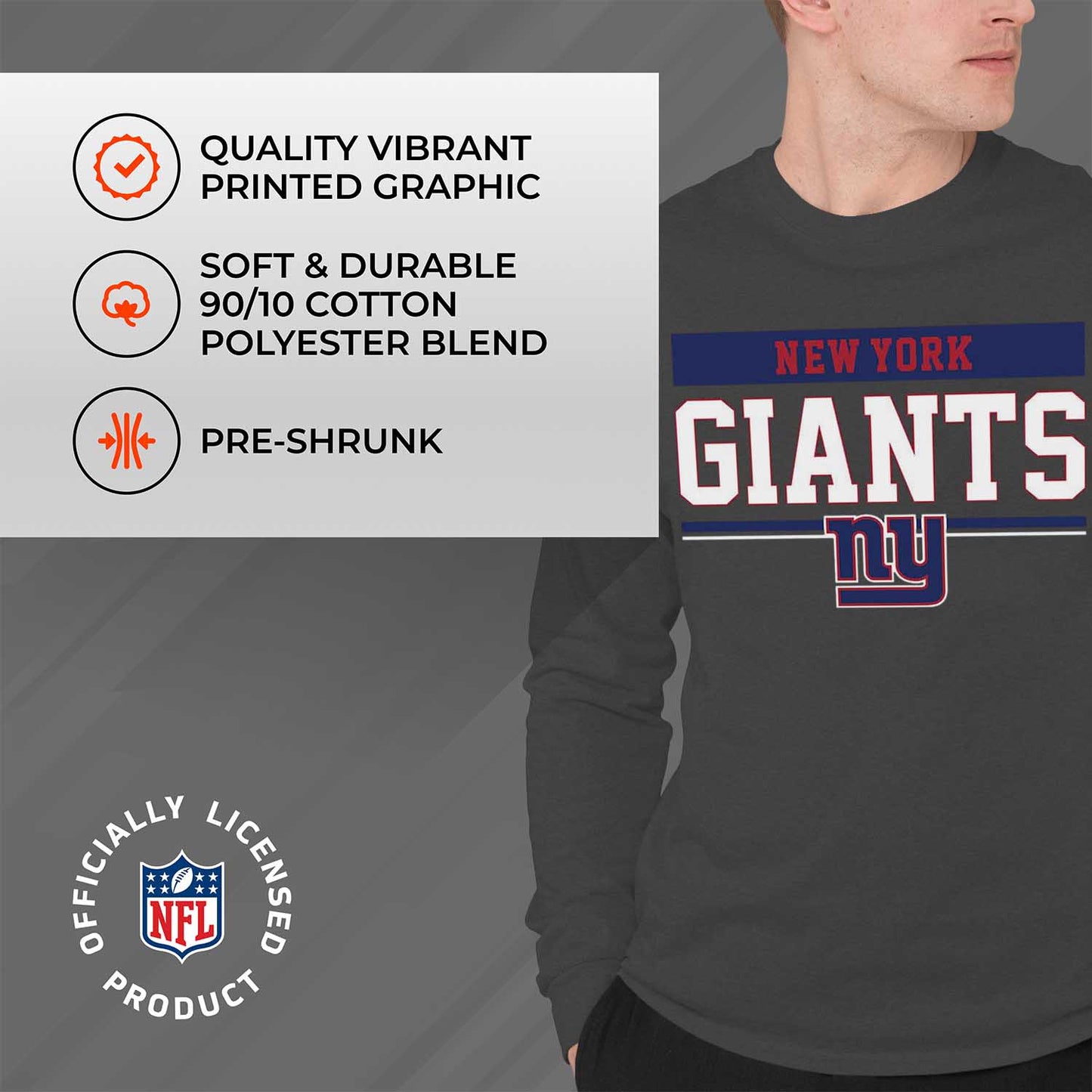 New York Giants NFL Adult Charcoal Long Sleeve T Shirt - Charcoal