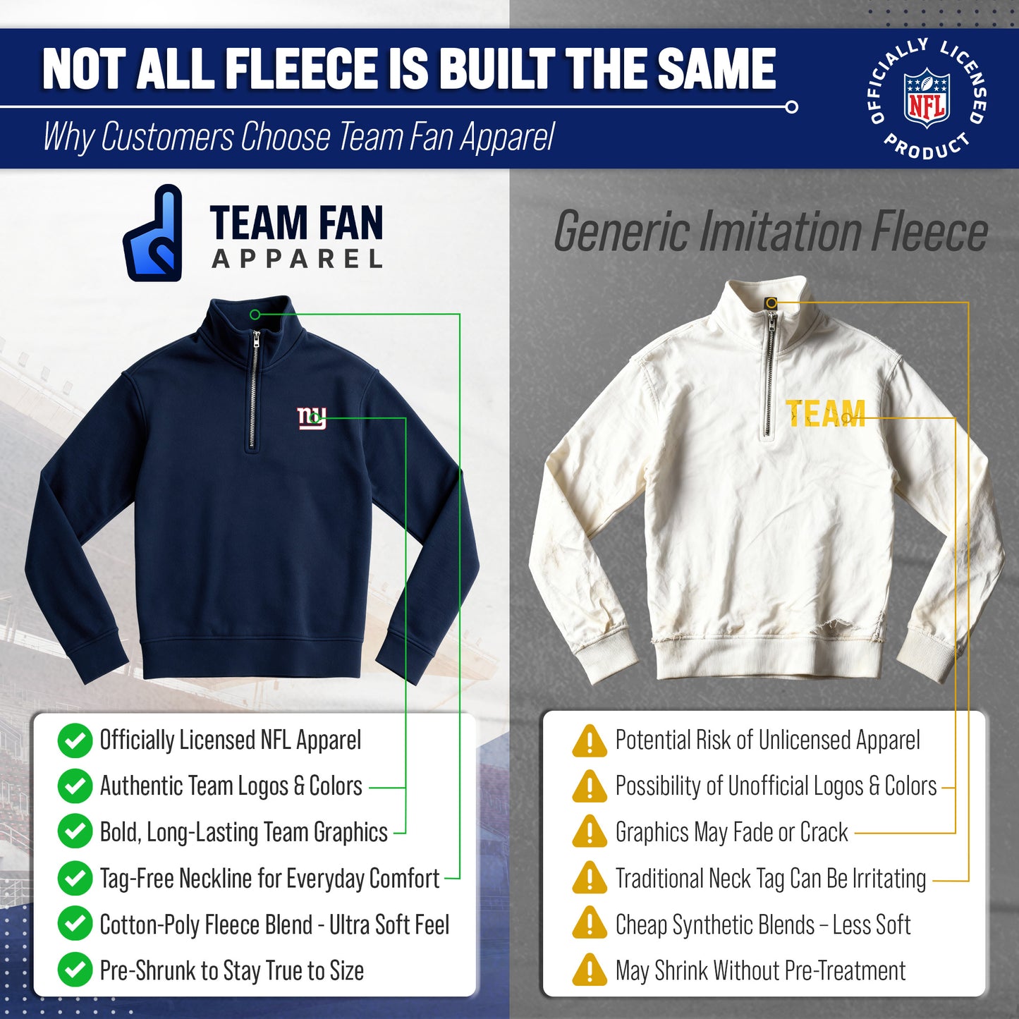 New York Giants NFL Adult Unisex Team Logo Quarter Zip Pullover Sweatshirt - Navy