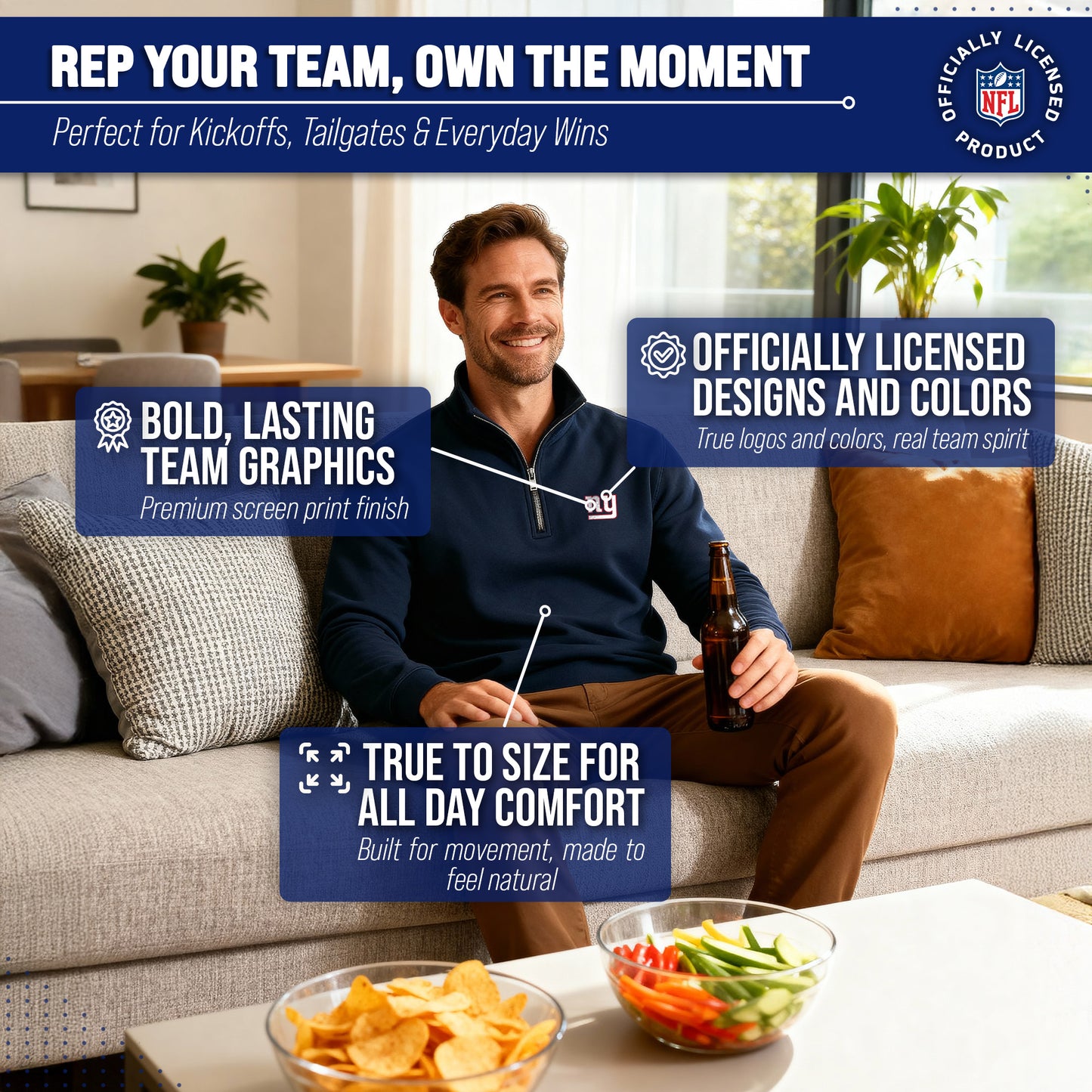 New York Giants NFL Adult Unisex Team Logo Quarter Zip Pullover Sweatshirt - Navy