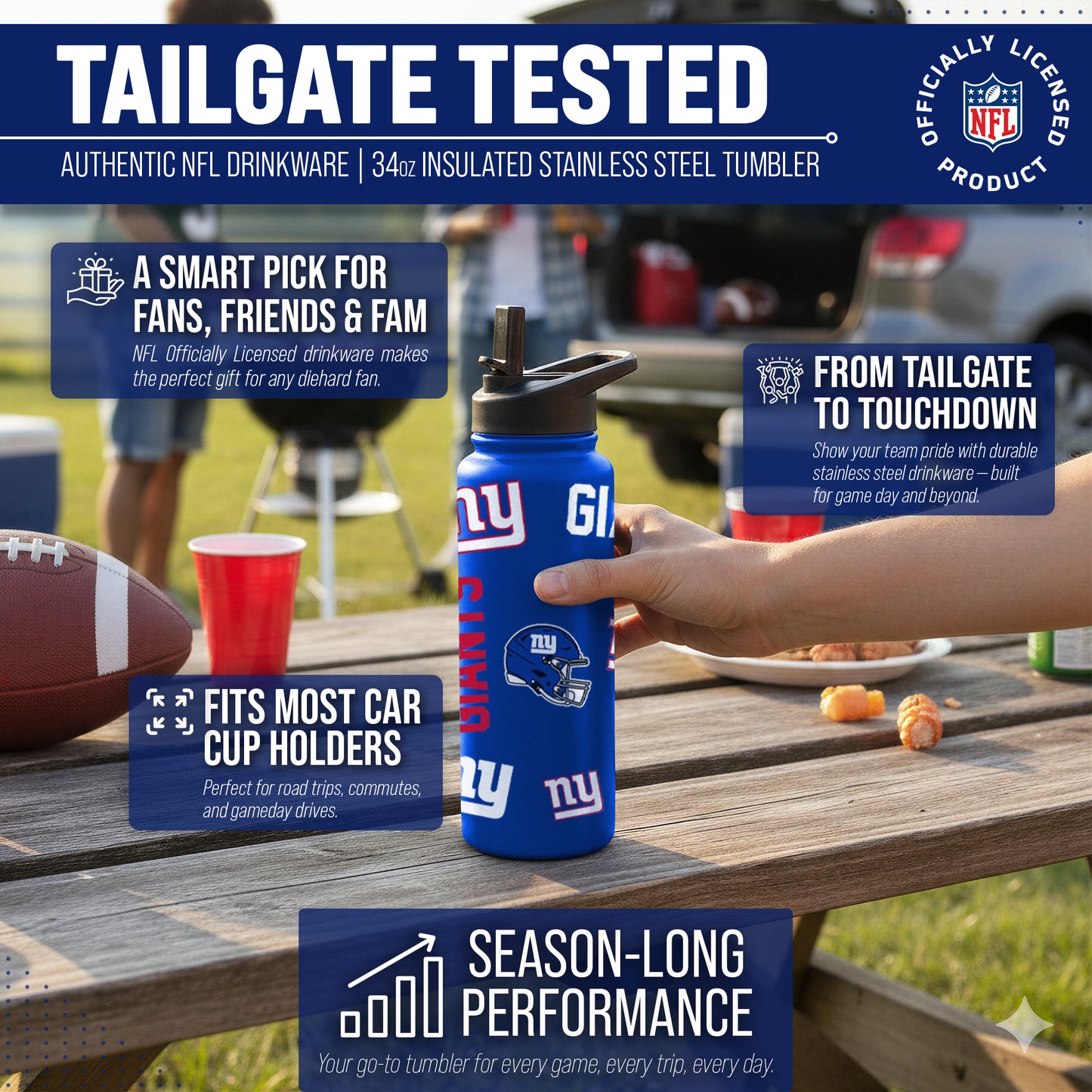 New York Giants NFL 34oz Quencher Stainless Steel Insulated Water Bottle - Royal