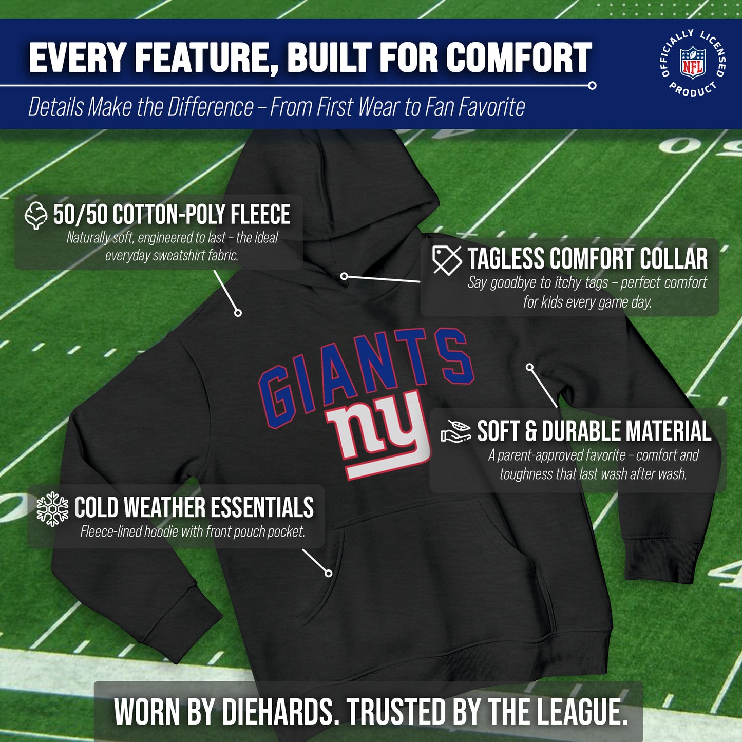 New York Giants NFL Youth Home Team Hoodie- Kids Hooded Sweatshirt - Black