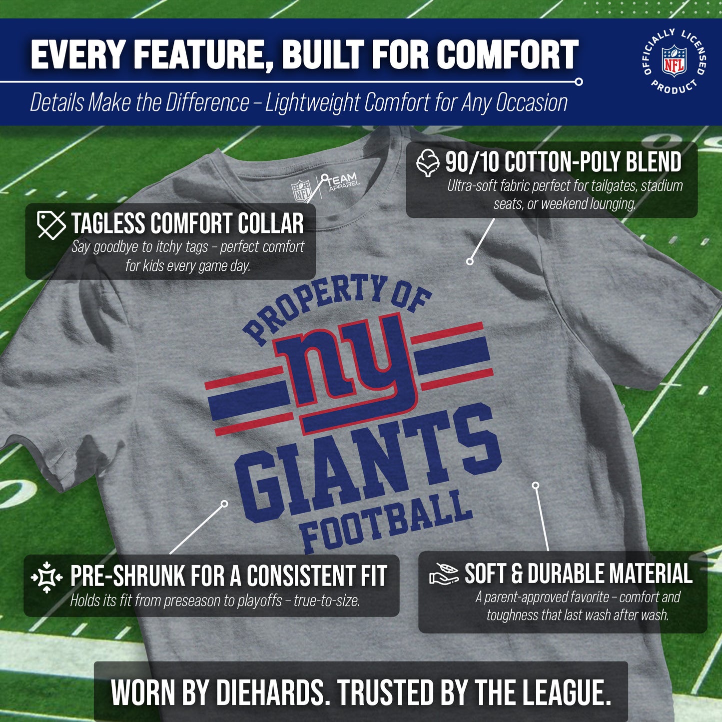 New York Giants NFL Youth Property Of Short Sleeve Lightweight T Shirt - Sport Gray