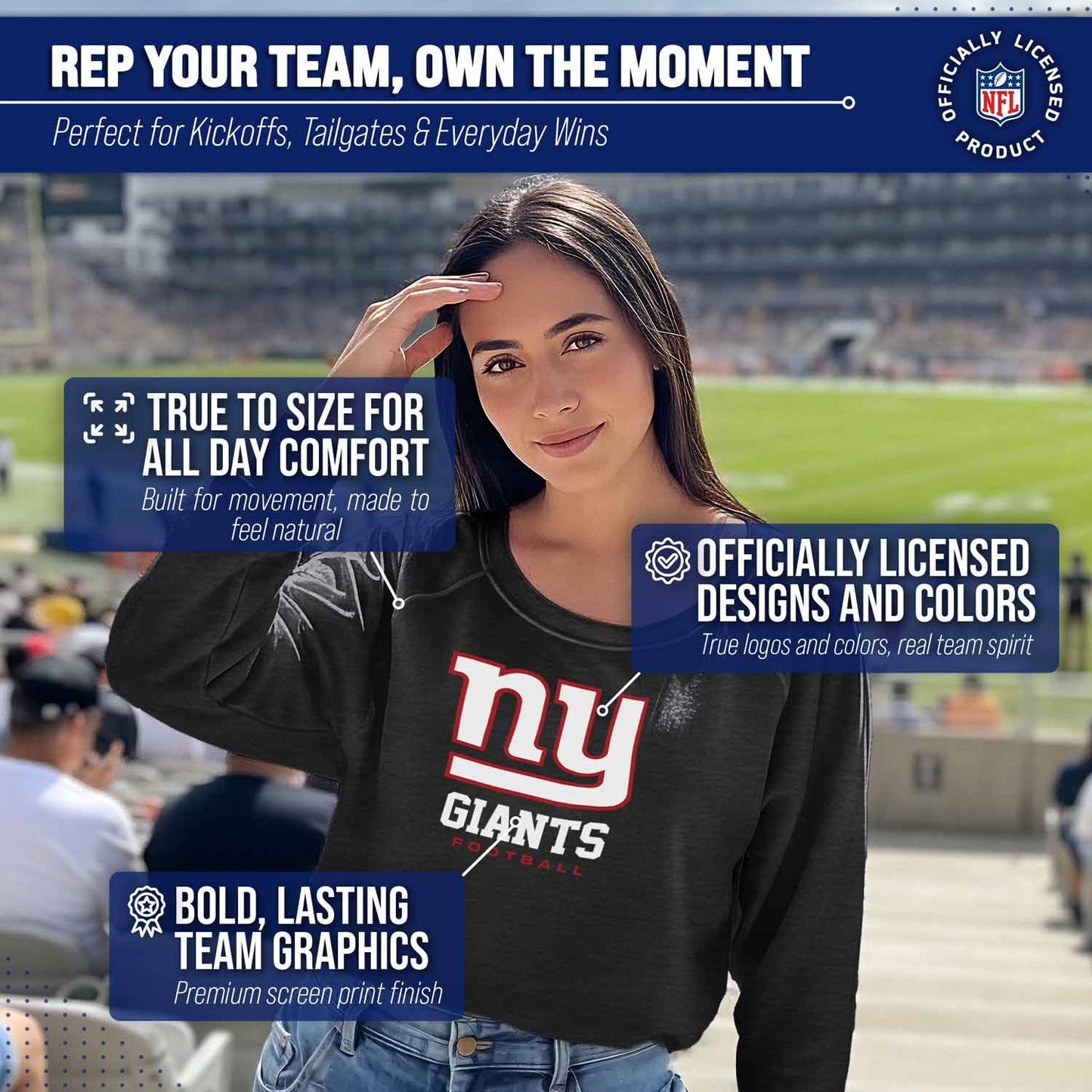New York Giants NFL Womens Ultimate Fan French Terry Slouchy Top- Raglan Sleeves - Charcoal
