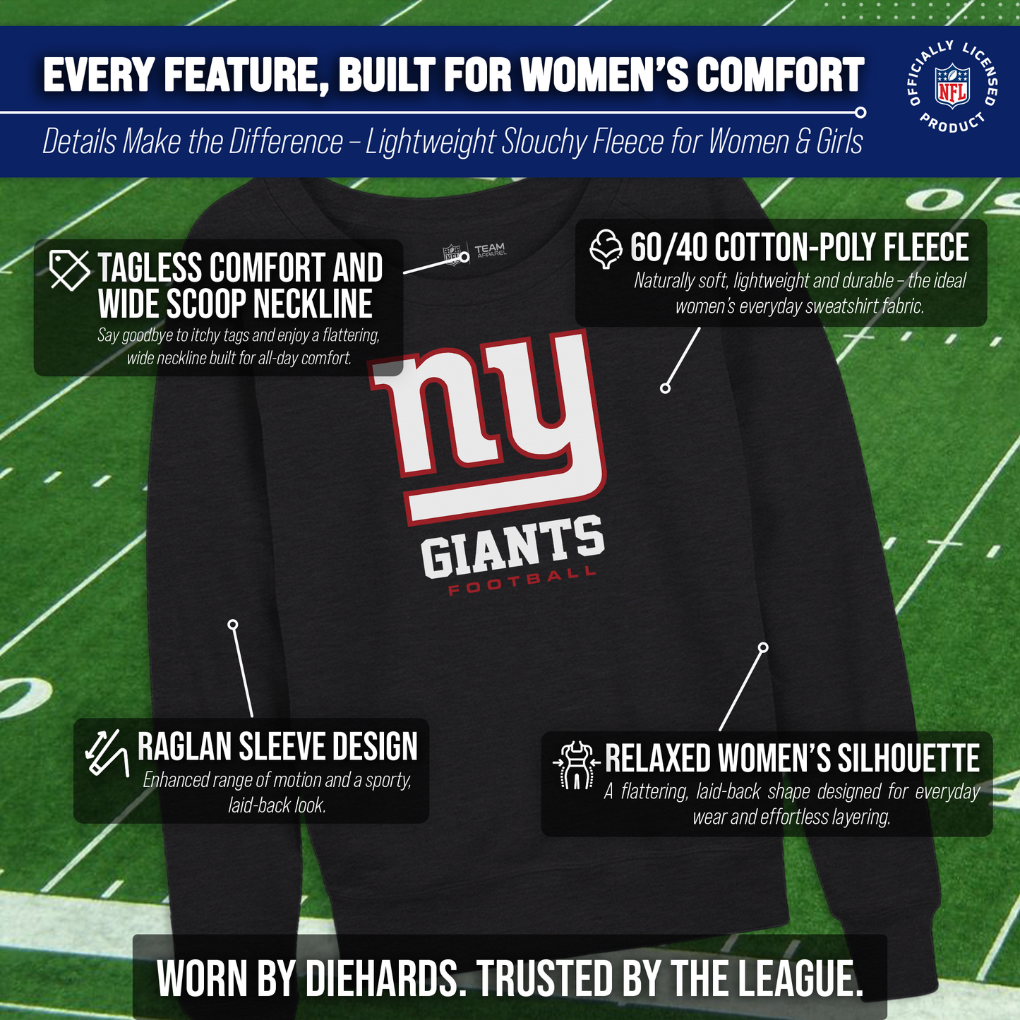 New York Giants NFL Womens Ultimate Fan French Terry Slouchy Top- Raglan Sleeves - Charcoal
