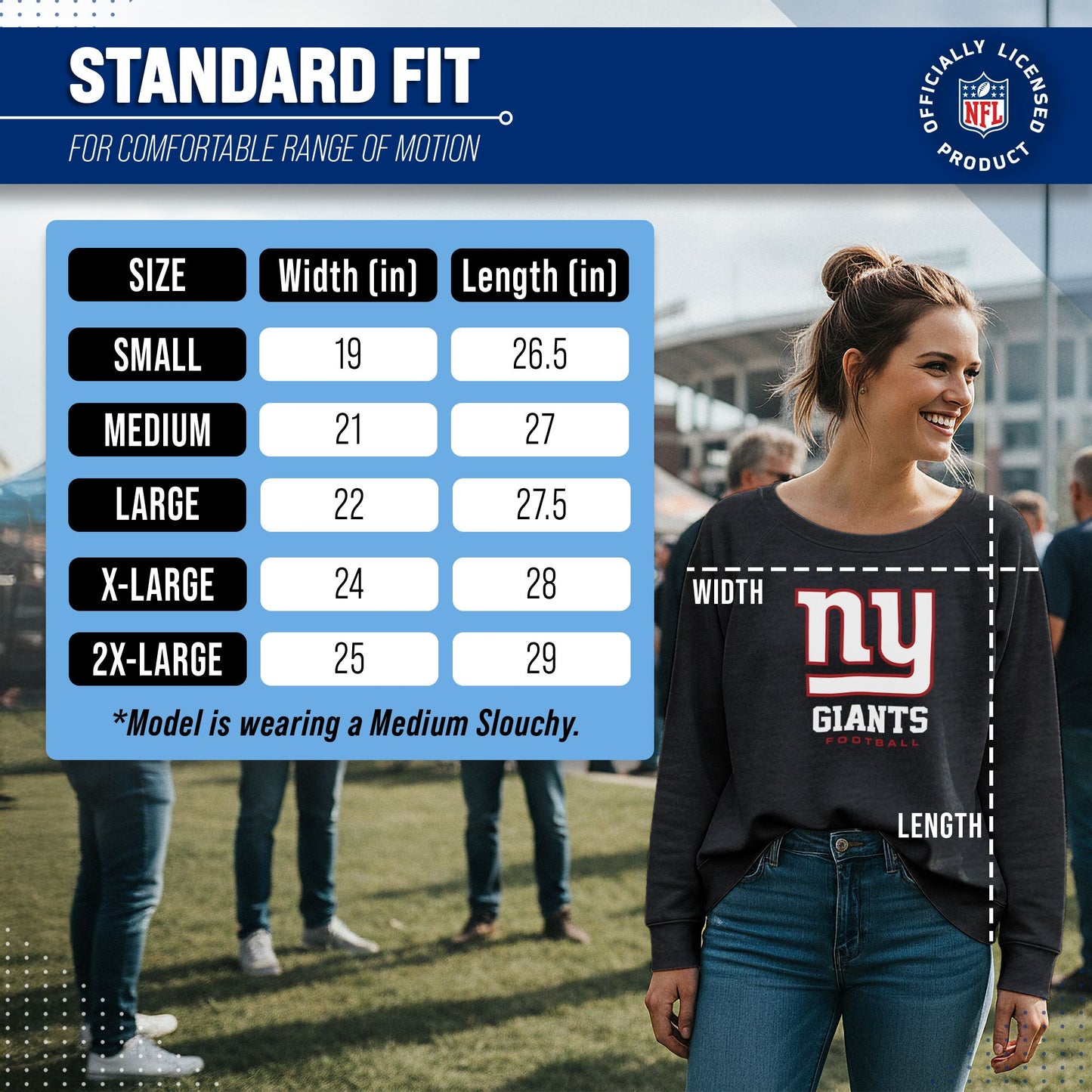 New York Giants NFL Womens Ultimate Fan French Terry Slouchy Top- Raglan Sleeves - Charcoal