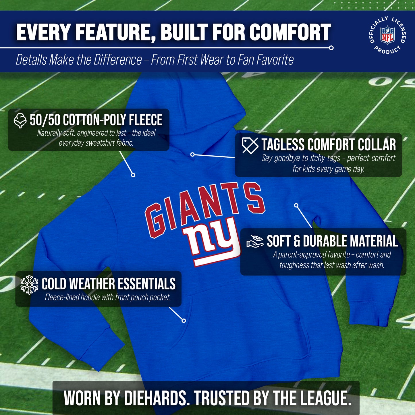 New York Giants NFL Youth Home Team Hoodie- Kids Hooded Sweatshirt - Royal