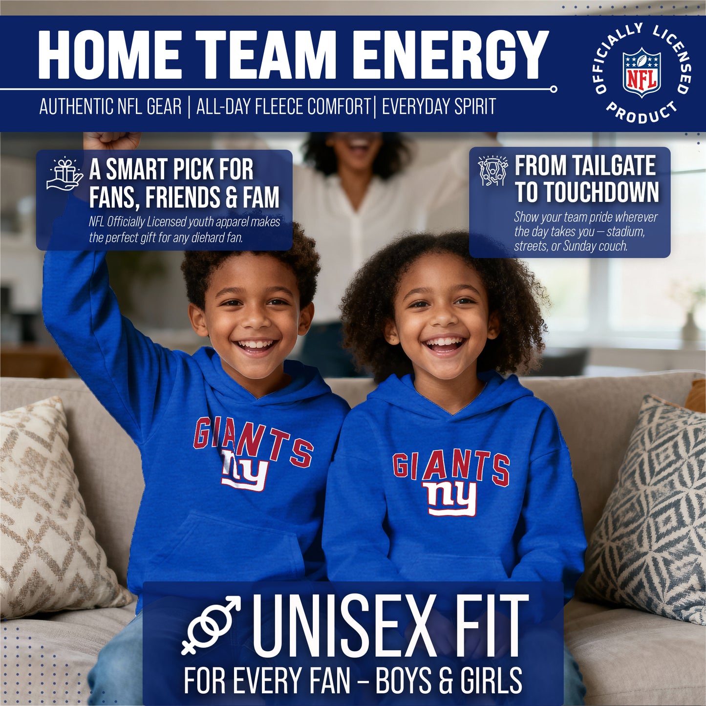 New York Giants NFL Youth Home Team Hoodie- Kids Hooded Sweatshirt - Royal