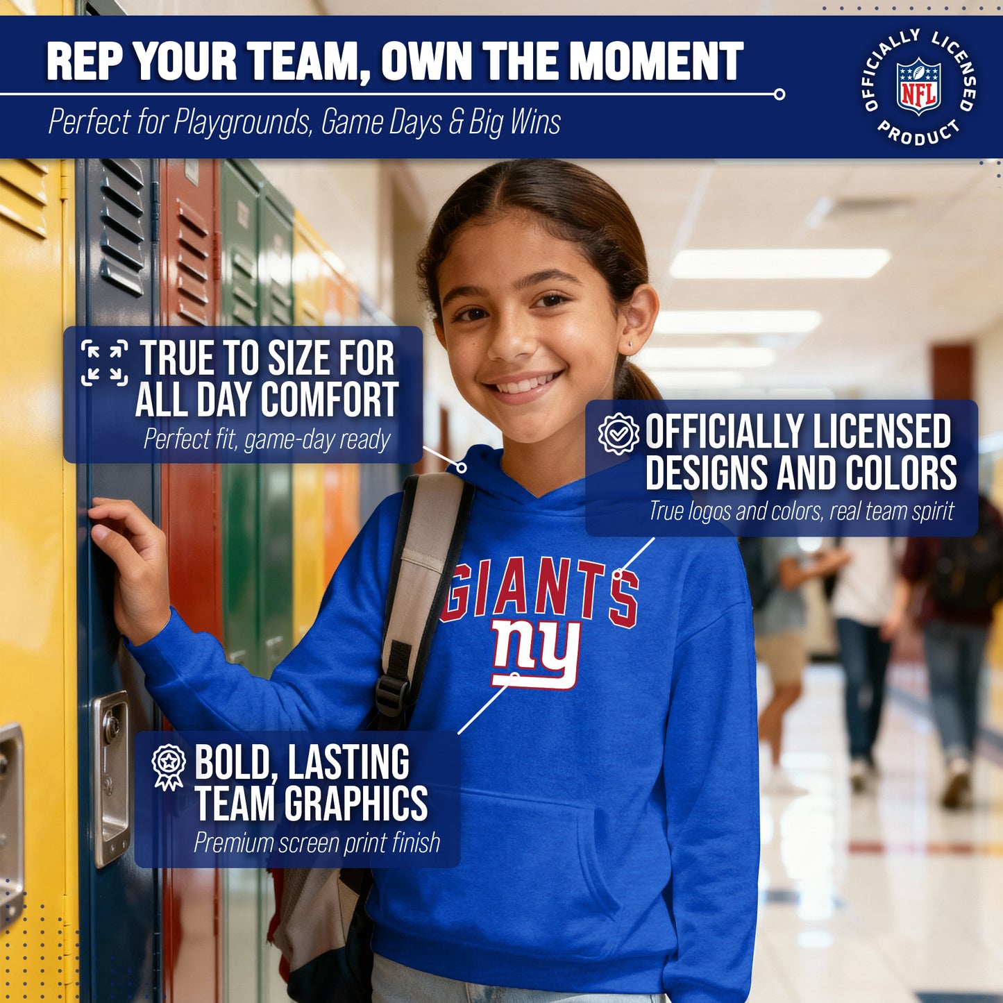 New York Giants NFL Youth Home Team Hoodie- Kids Hooded Sweatshirt - Royal