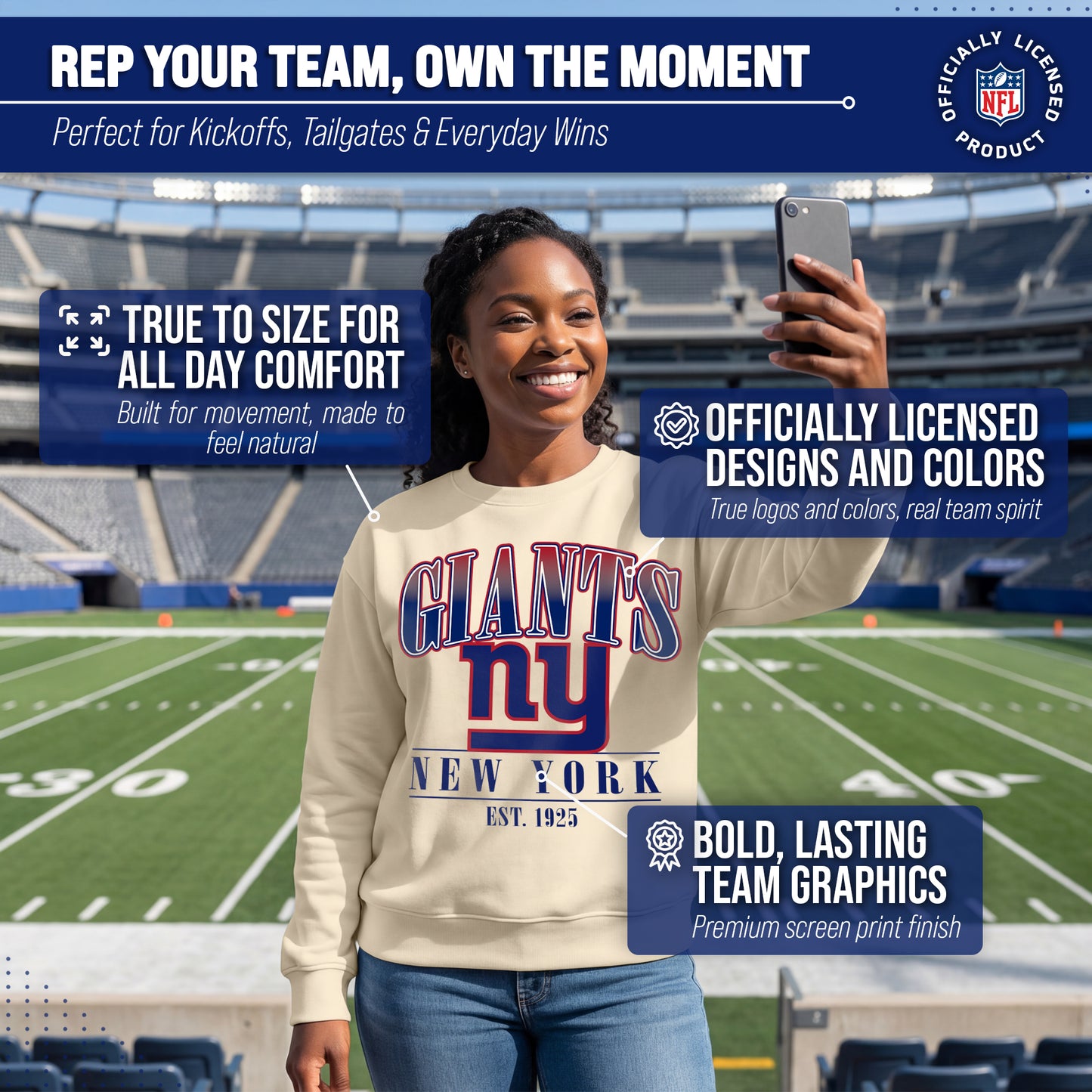 New York Giants Womens NFL Starstruck Crewneck Pullover - Cream
