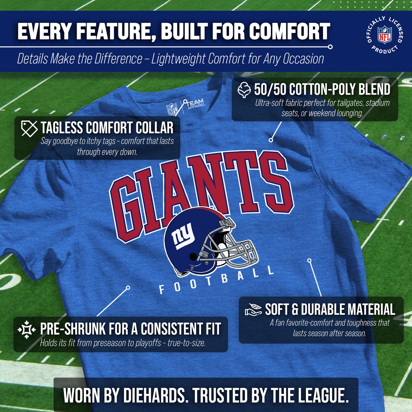 New York Giants NFL Adult All Star Heather Tag-Less T-Shirt - Blue Heather