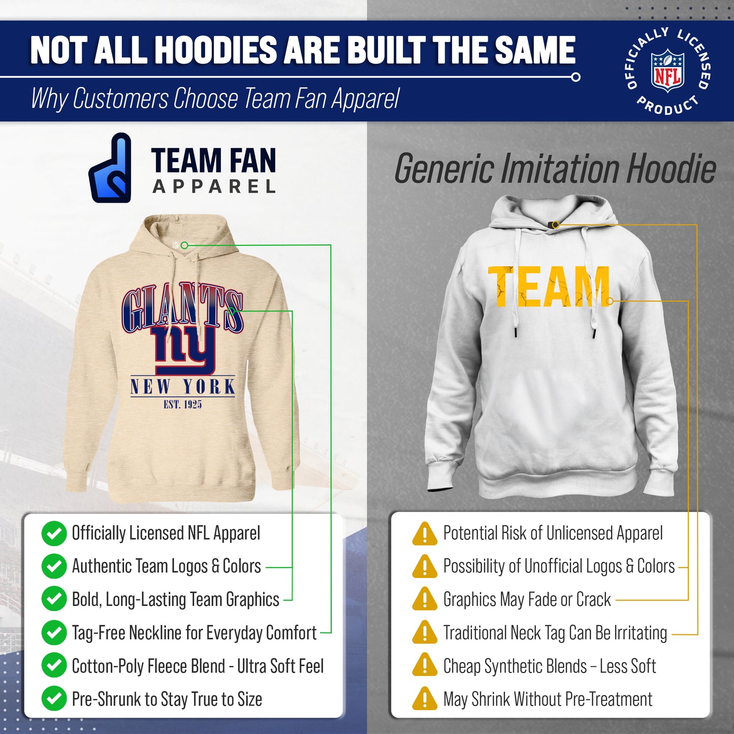 New York Giants Team Fan Apparel NFL Women's  Starstruck Fleece Pullover Hoodie - Cream