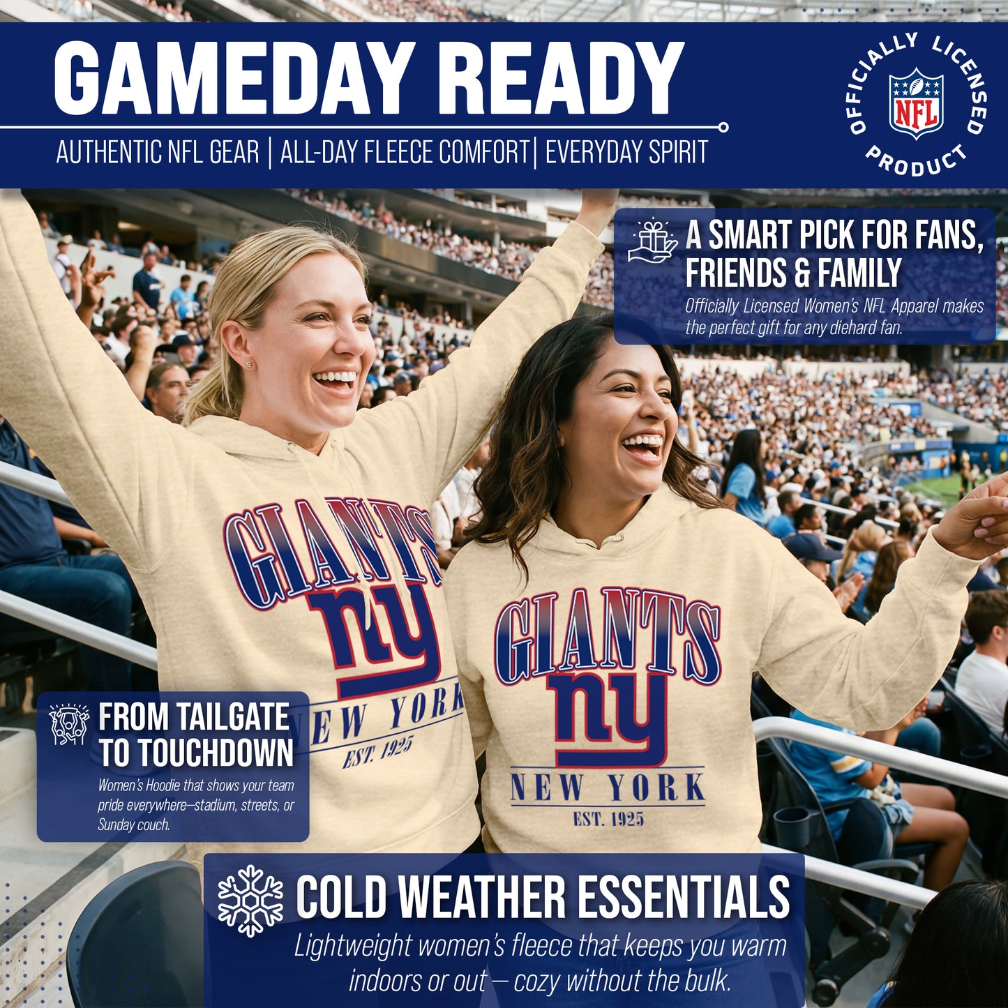 New York Giants Team Fan Apparel NFL Women's  Starstruck Fleece Pullover Hoodie - Cream