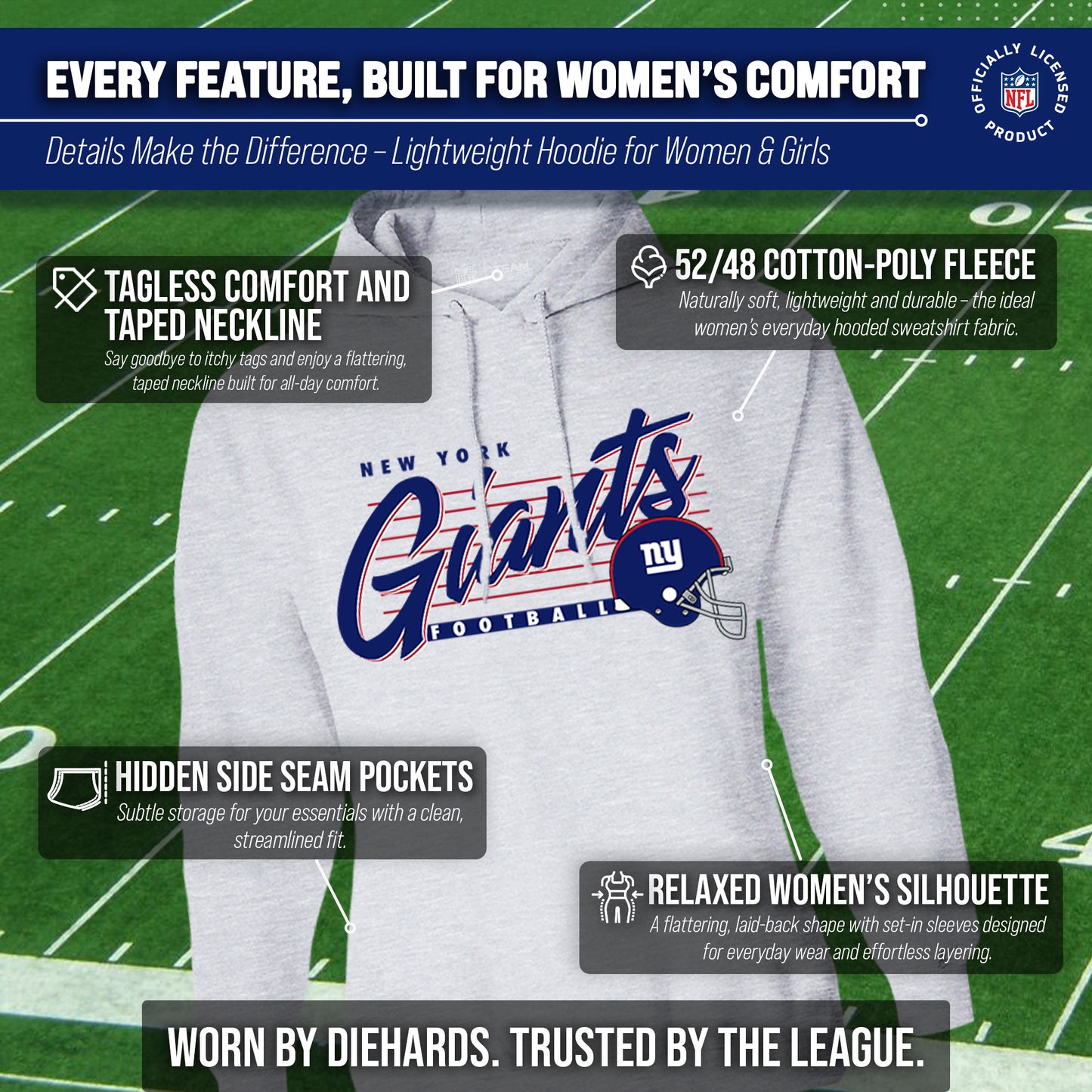 New York Giants Ladies NFL Scrimmage Line Fleece Pullover Hooded Sweatshirt - Gray Heather