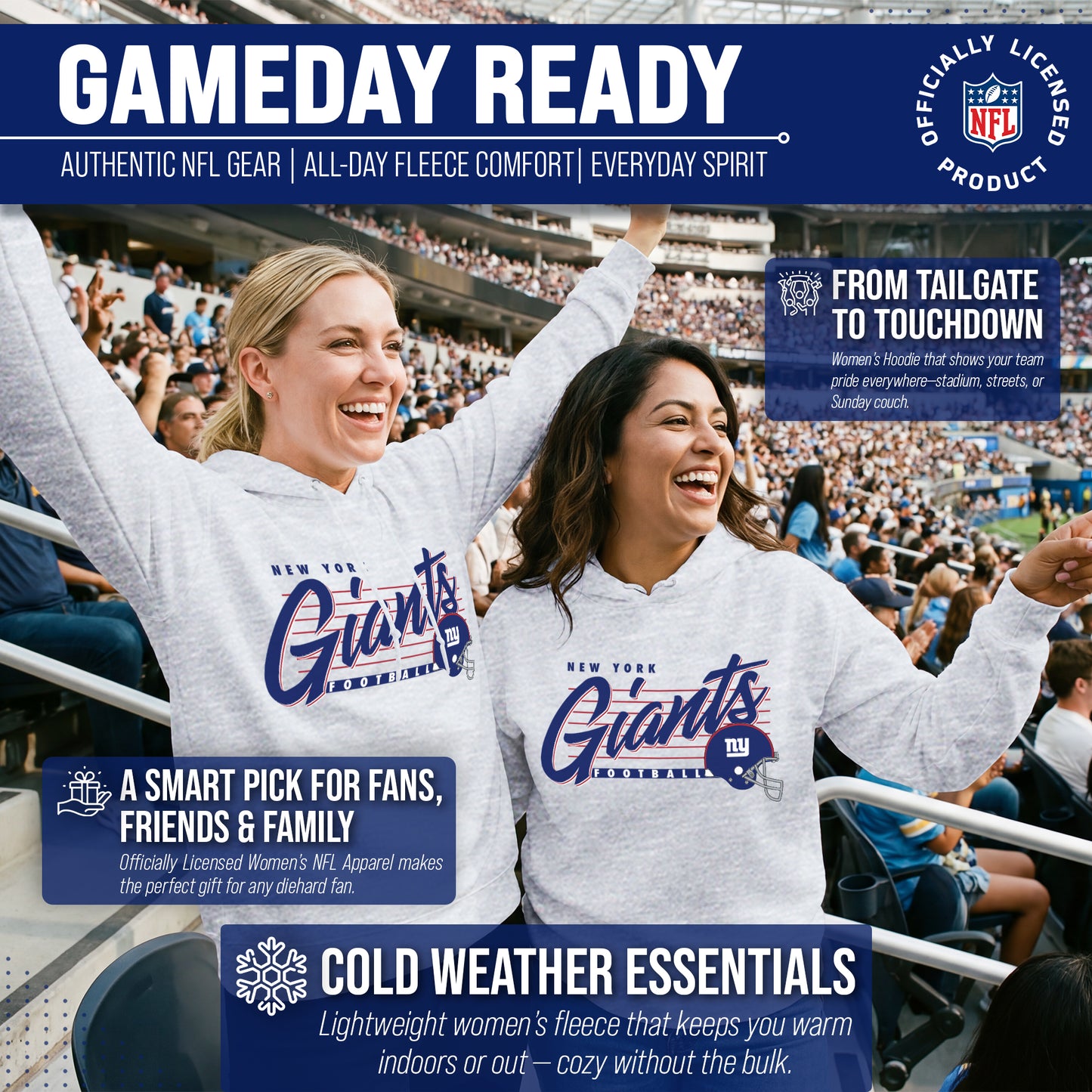 New York Giants Ladies NFL Scrimmage Line Fleece Pullover Hooded Sweatshirt - Gray Heather