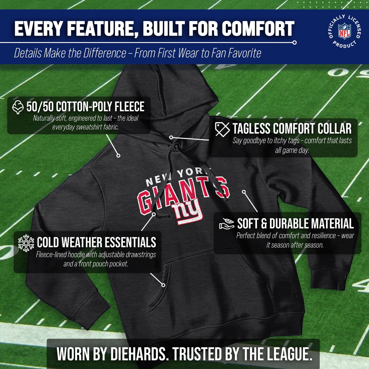 New York Giants NFL Adult Unisex Starting Fresh Ultra Soft Fleece Hooded Sweatshirt - Black Heather