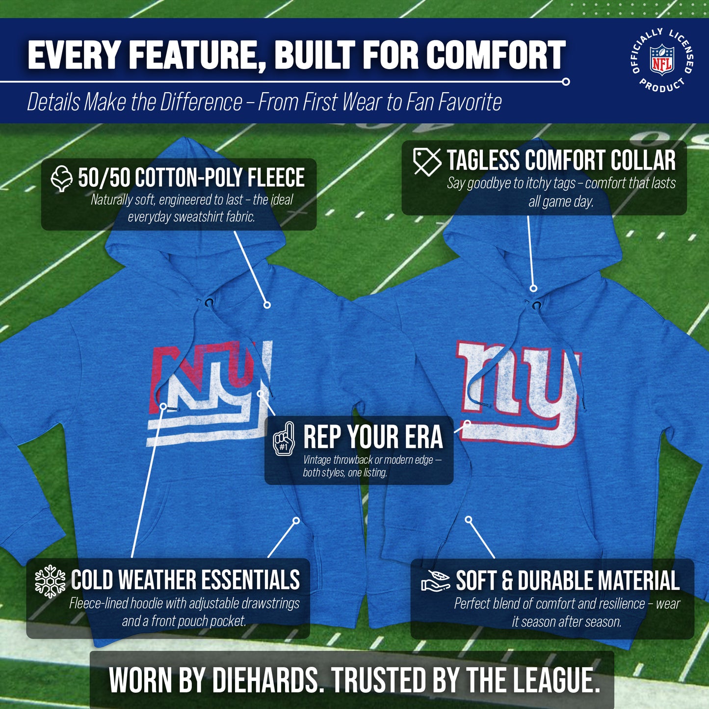 New York Giants NFL Adult Unisex Modern Throwback Ultra Soft Fleece Hooded Sweatshirt - Blue