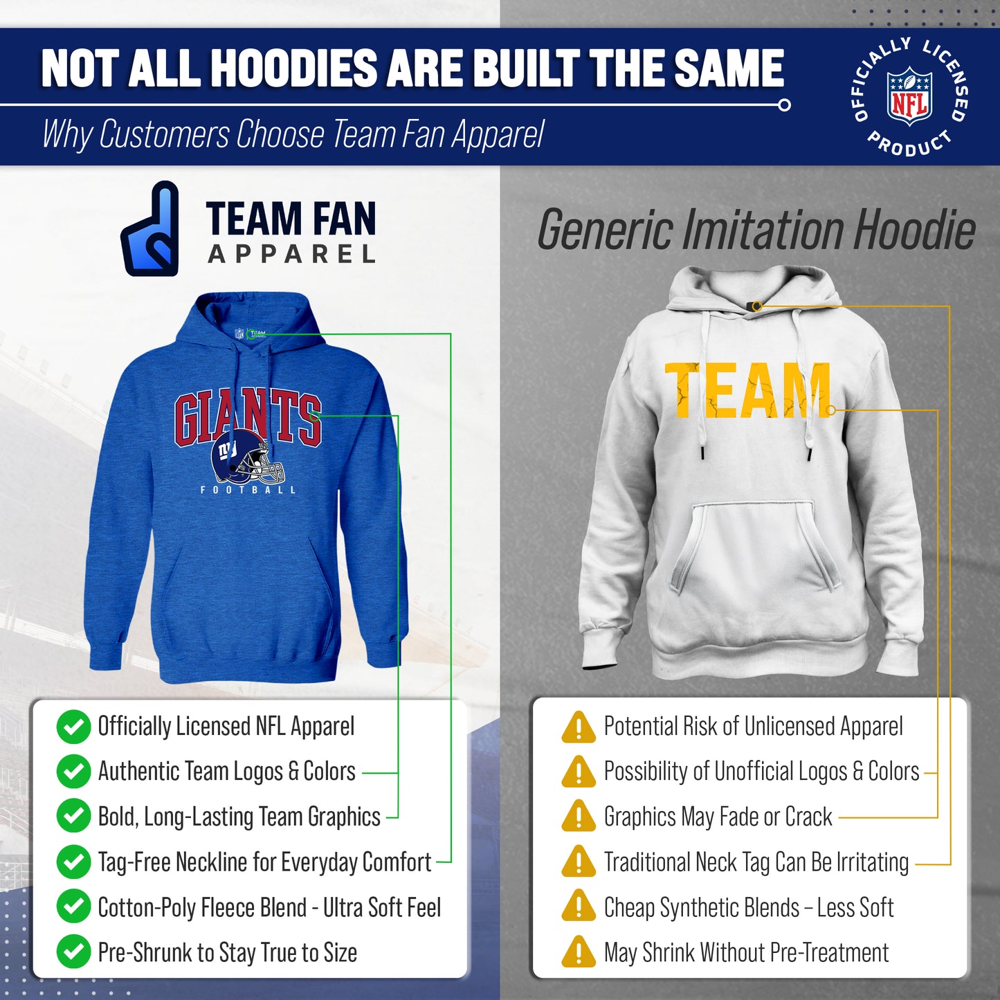 New York Giants NFL Adult Unisex All Star Soft Fleece Hooded Sweatshirt - Blue Heather
