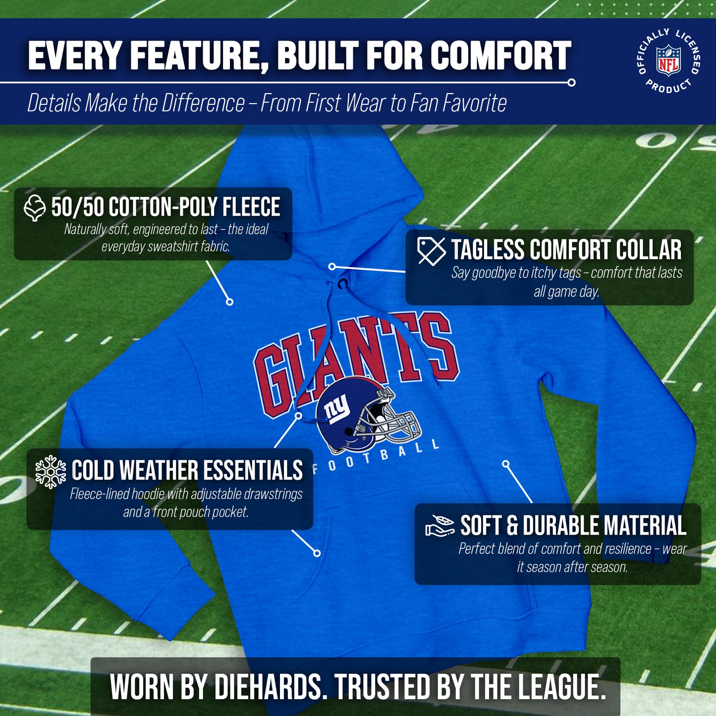 New York Giants NFL Adult Unisex All Star Soft Fleece Hooded Sweatshirt - Blue Heather