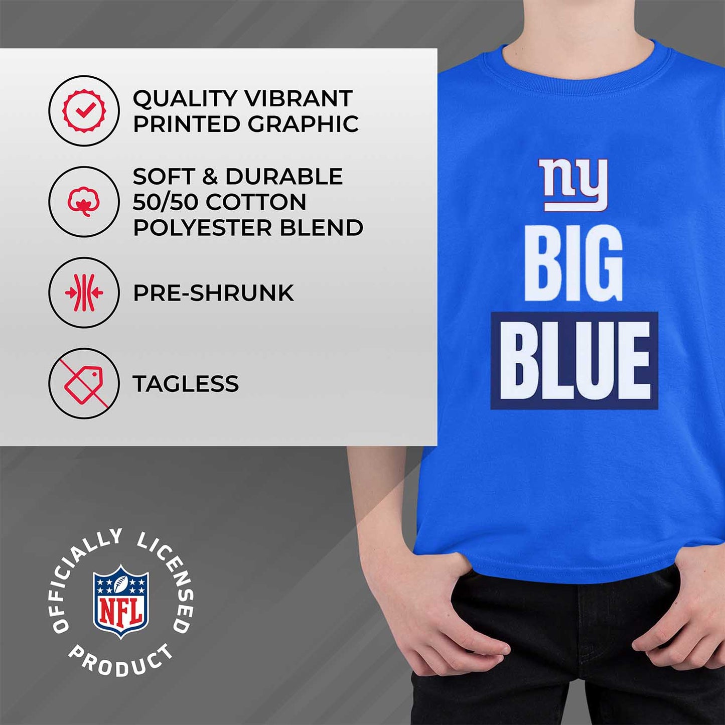New York Giants NFL Youth Team Slogan Short Sleeve Lightweight T Shirt - Royal
