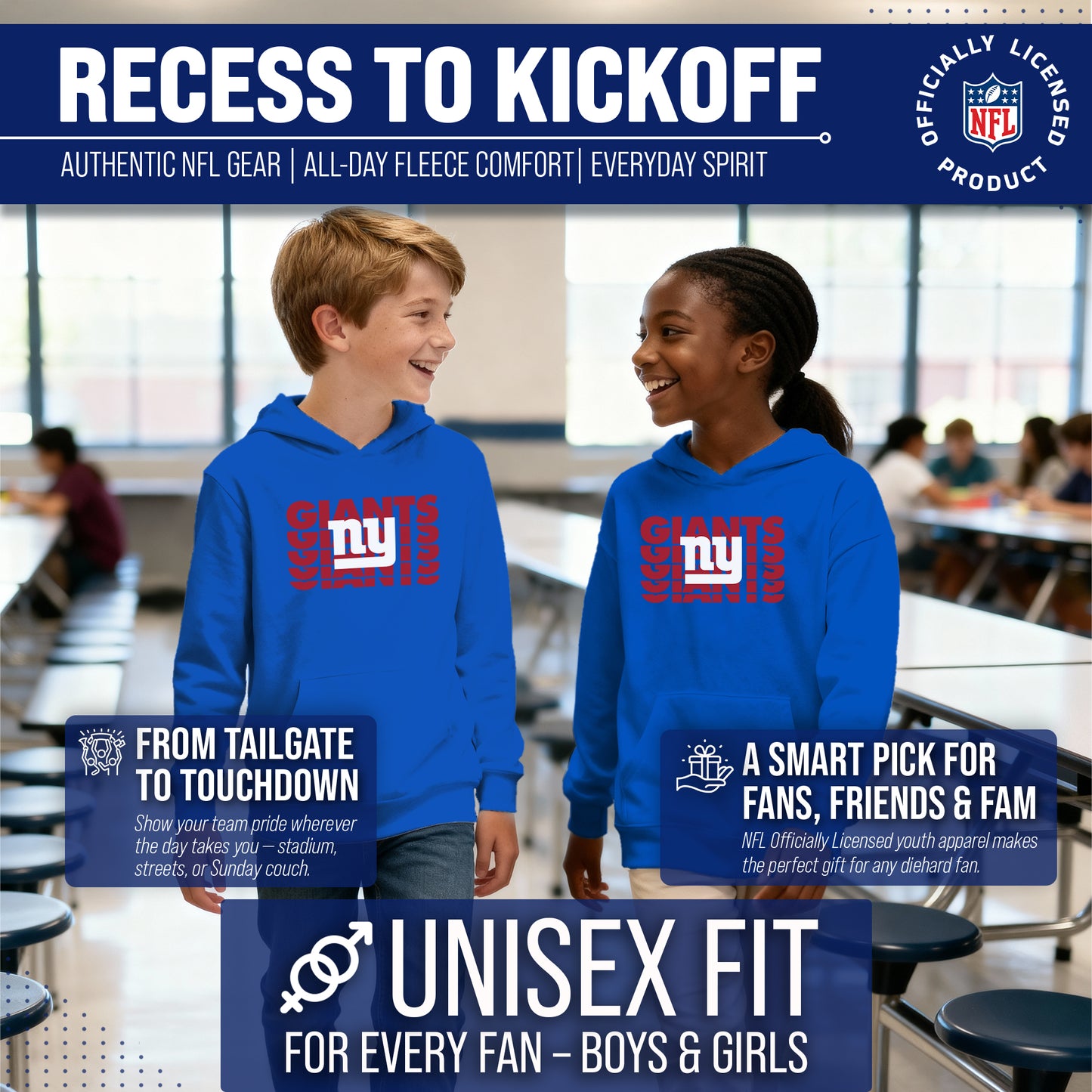 New York Giants NFL Youth Repeating Logo Football Fleece Hooded Sweatshirt - Royal