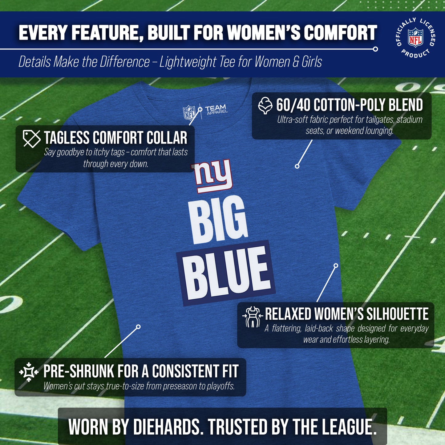 New York Giants NFL Womens Team Slogan Short Sleeve Tshirt - Royal