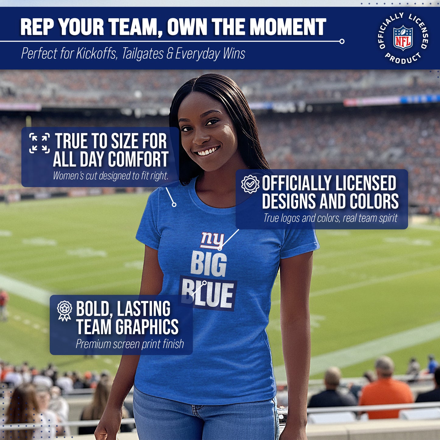 New York Giants NFL Womens Team Slogan Short Sleeve Tshirt - Royal