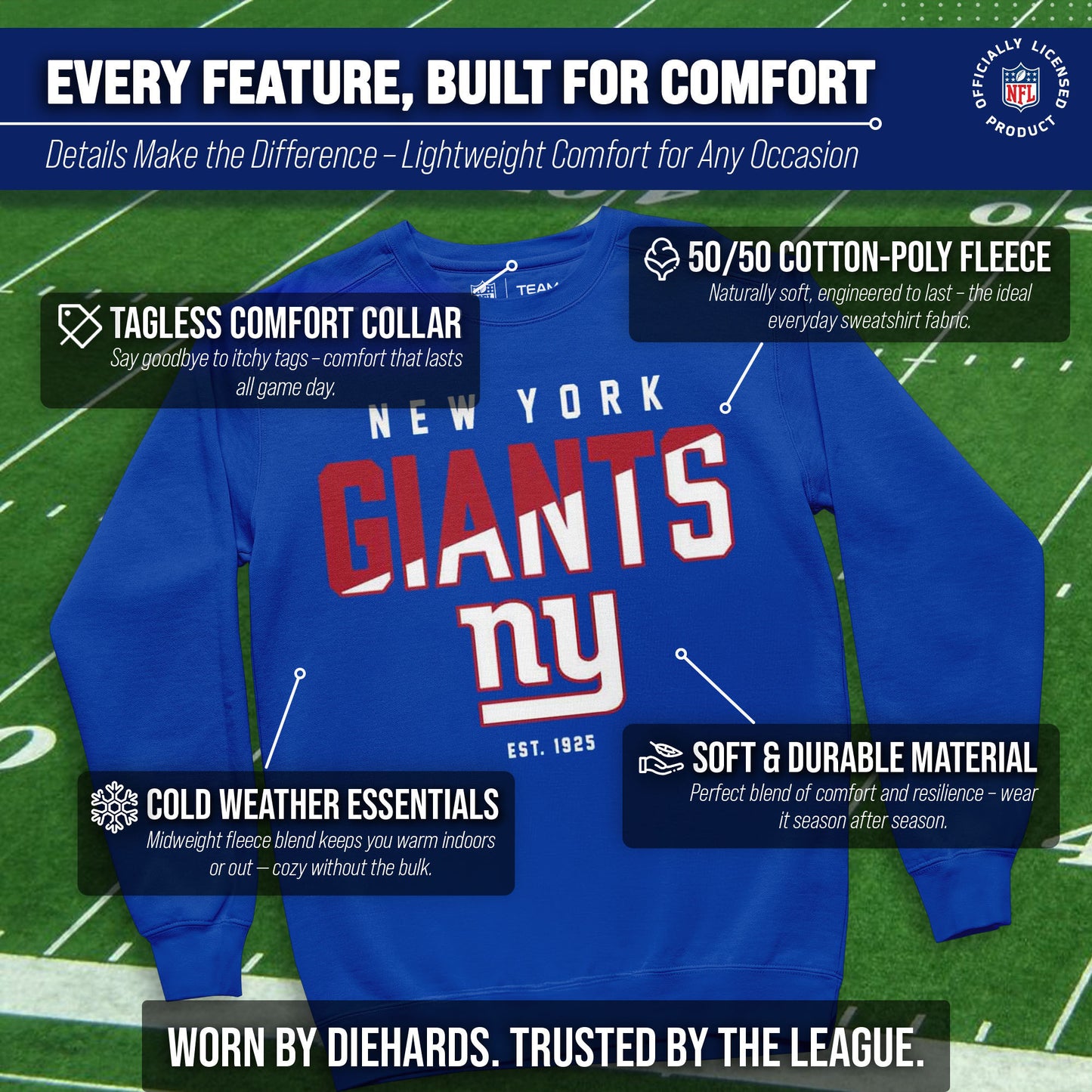 New York Giants Adult NFL Diagonal Fade Color Block Crewneck Sweatshirt - Royal