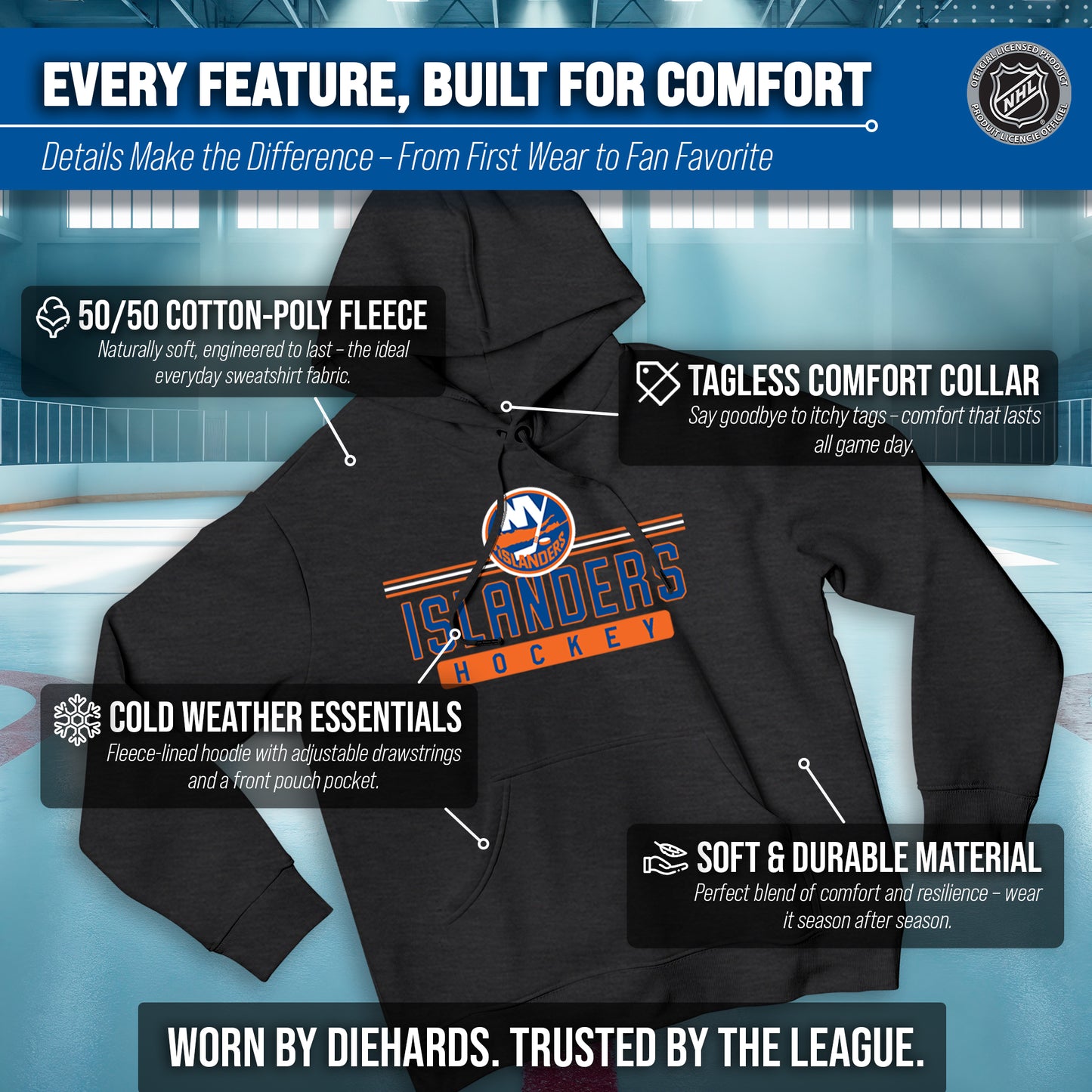 New York Islanders NHL Adult Heather Charcoal True Fan Hooded Sweatshirt Unisex - Charcoal