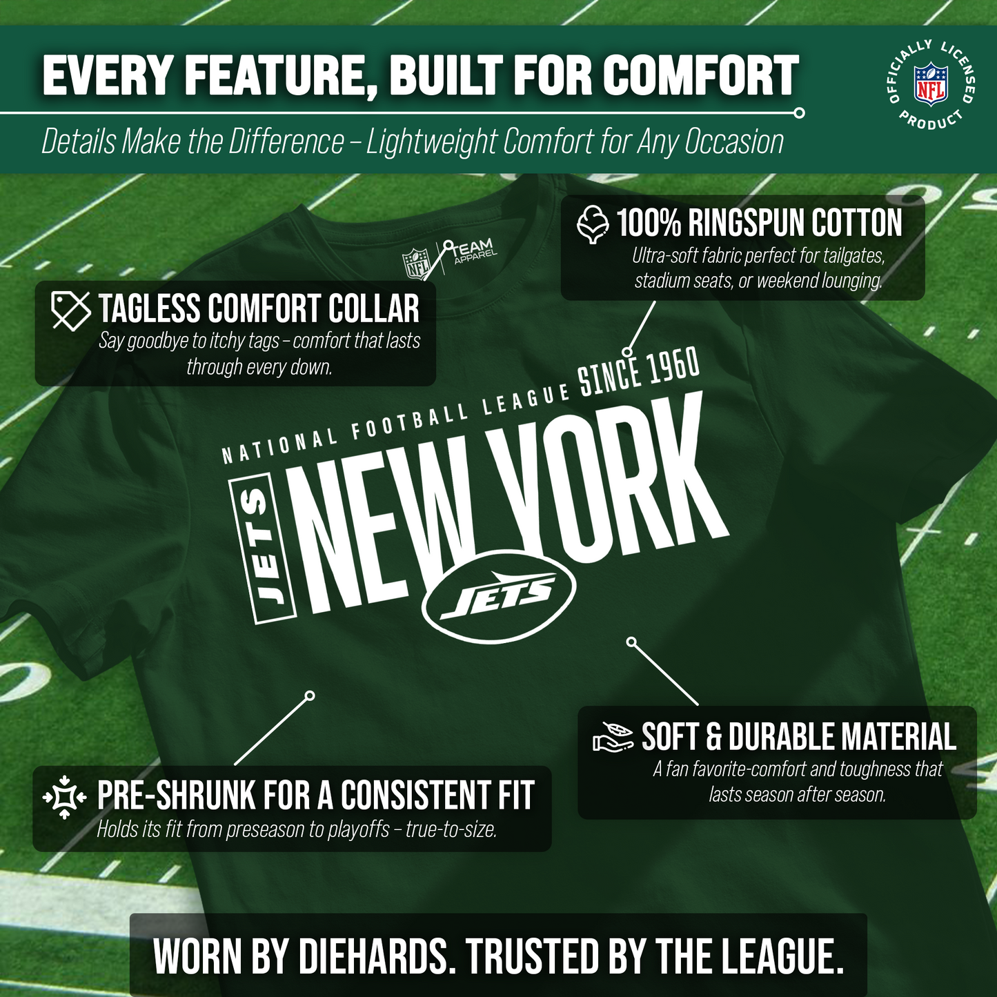 New York Jets NFL Adult Modern Endzone Tag-Less T-Shirt - Forest Green