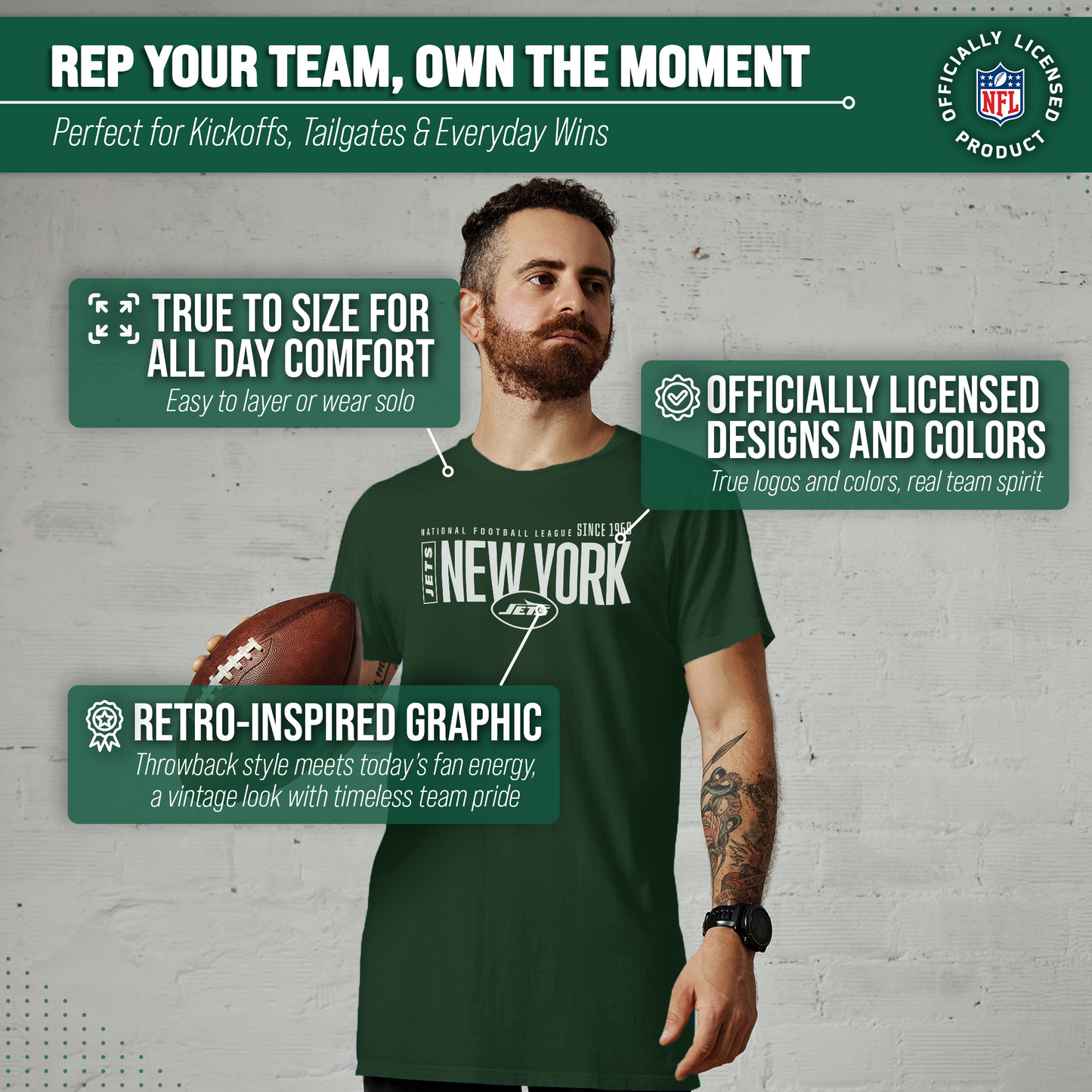 New York Jets NFL Adult Modern Endzone Tag-Less T-Shirt - Forest Green