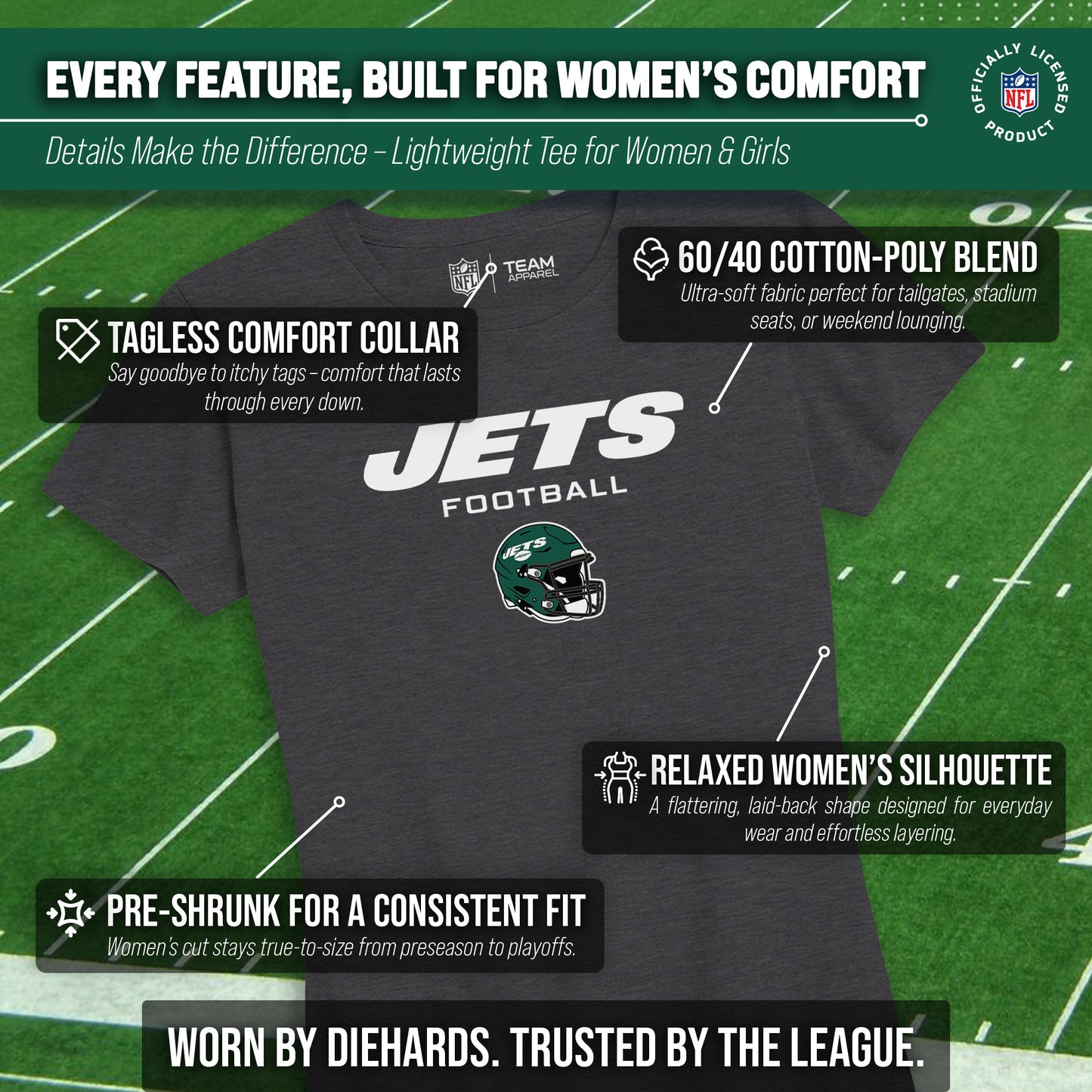 New York Jets Women's NFL Football Helmet Short Sleeve Tagless T-Shirt - Charcoal