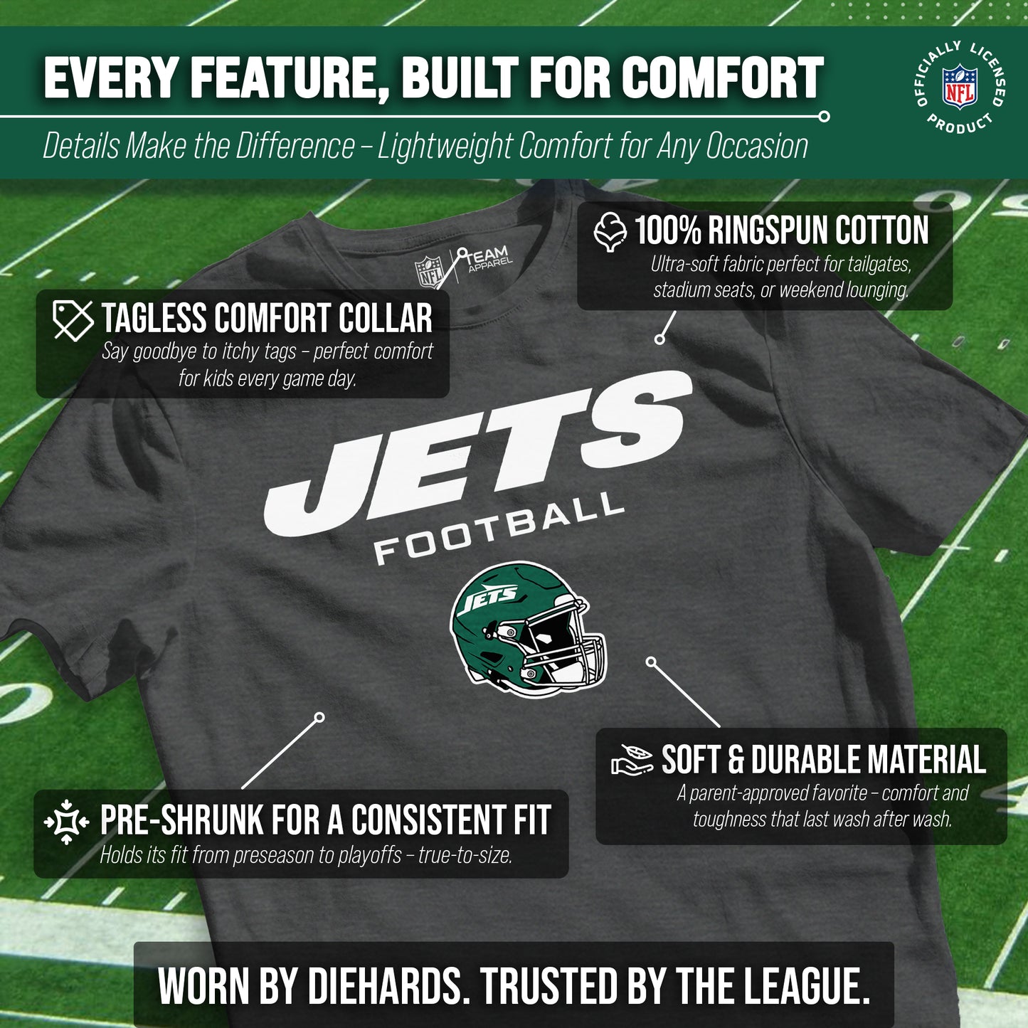 New York Jets NFL Youth Football Helmet Tagless T-Shirt - Charcoal