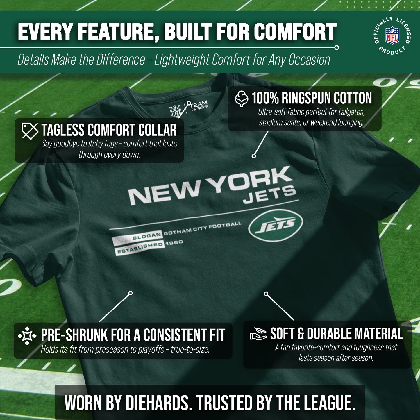 New York Jets Adult NFL Speed Stat Sheet T-Shirt - Forest Green