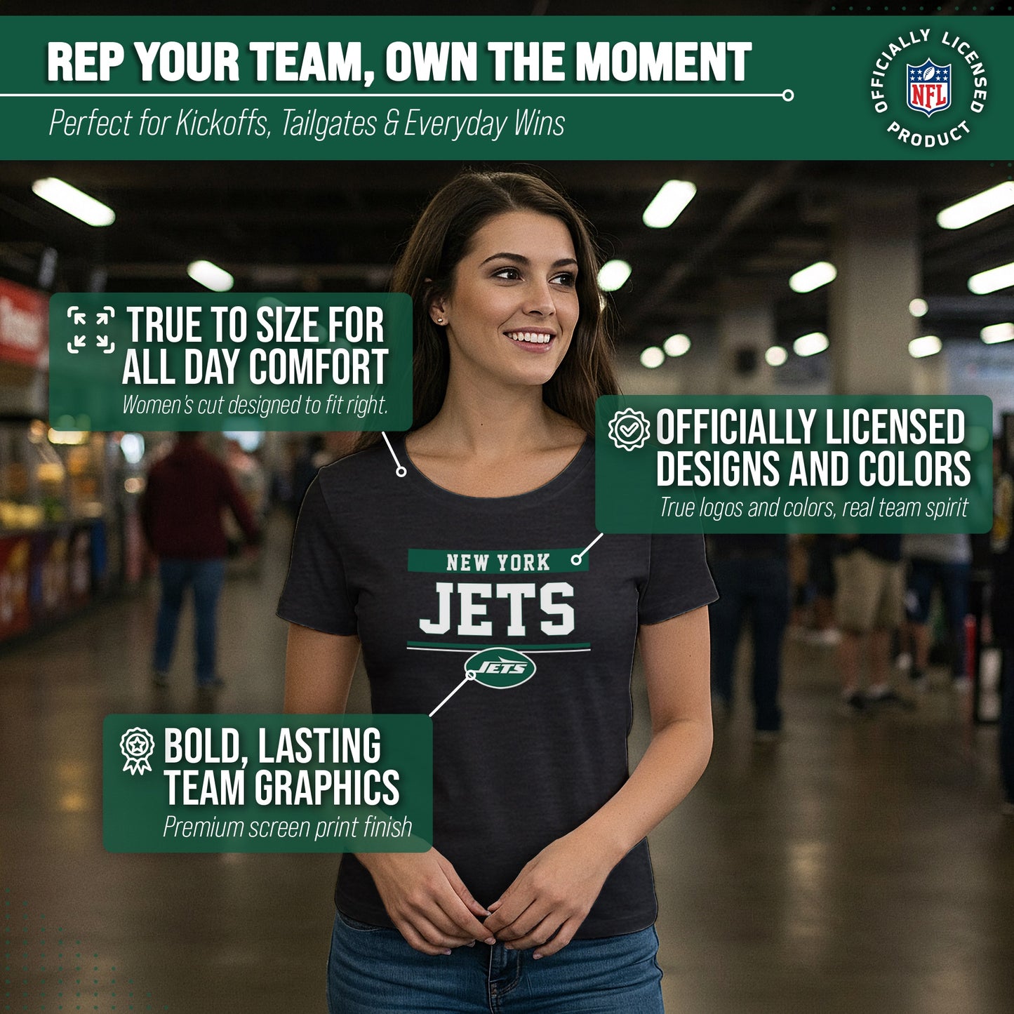 New York Jets NFL Women's Team Block Charcoal Tagless T-Shirt - Charcoal
