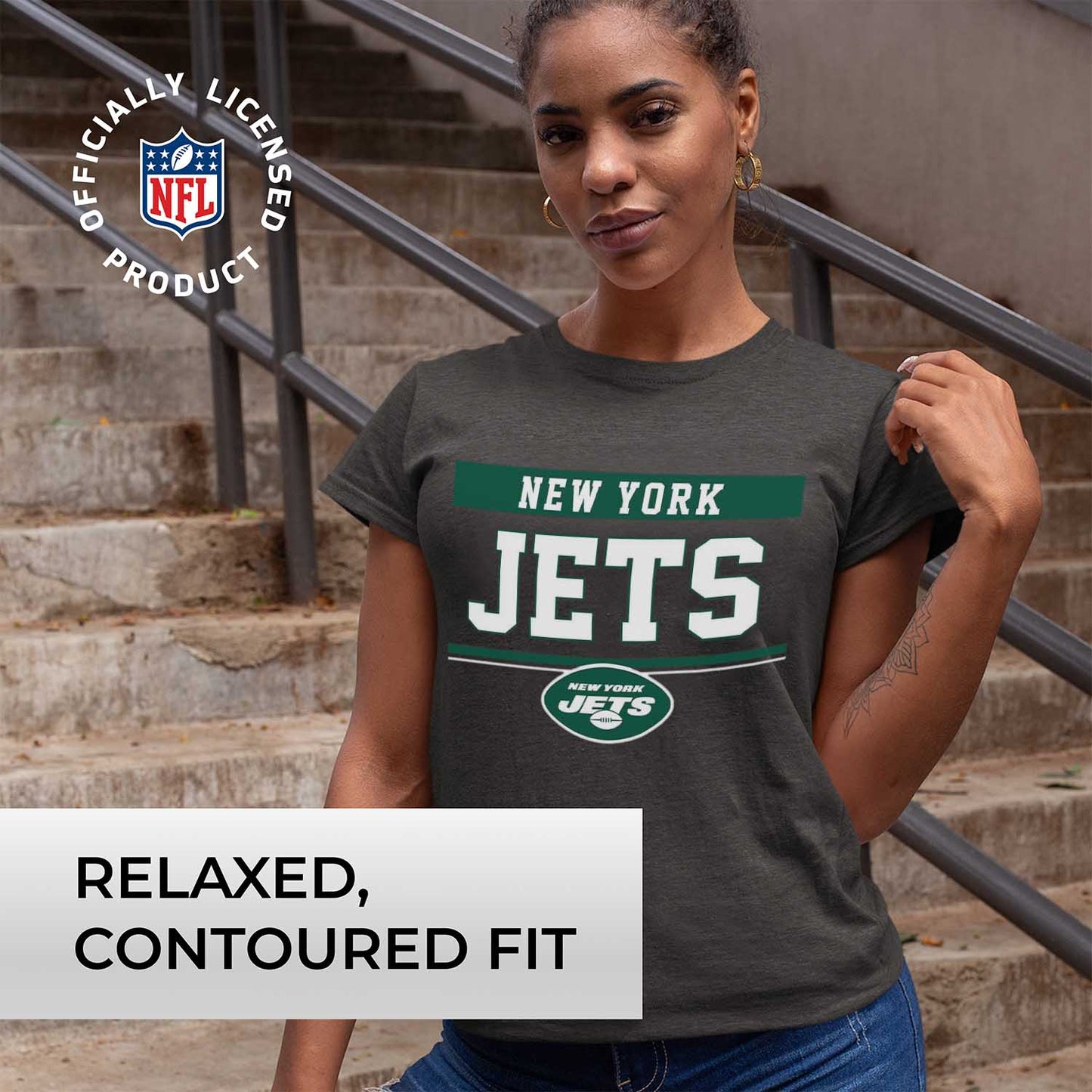 New York Jets NFL Women's Team Block Plus Sized Relaxed Fit T-Shirt - Charcoal