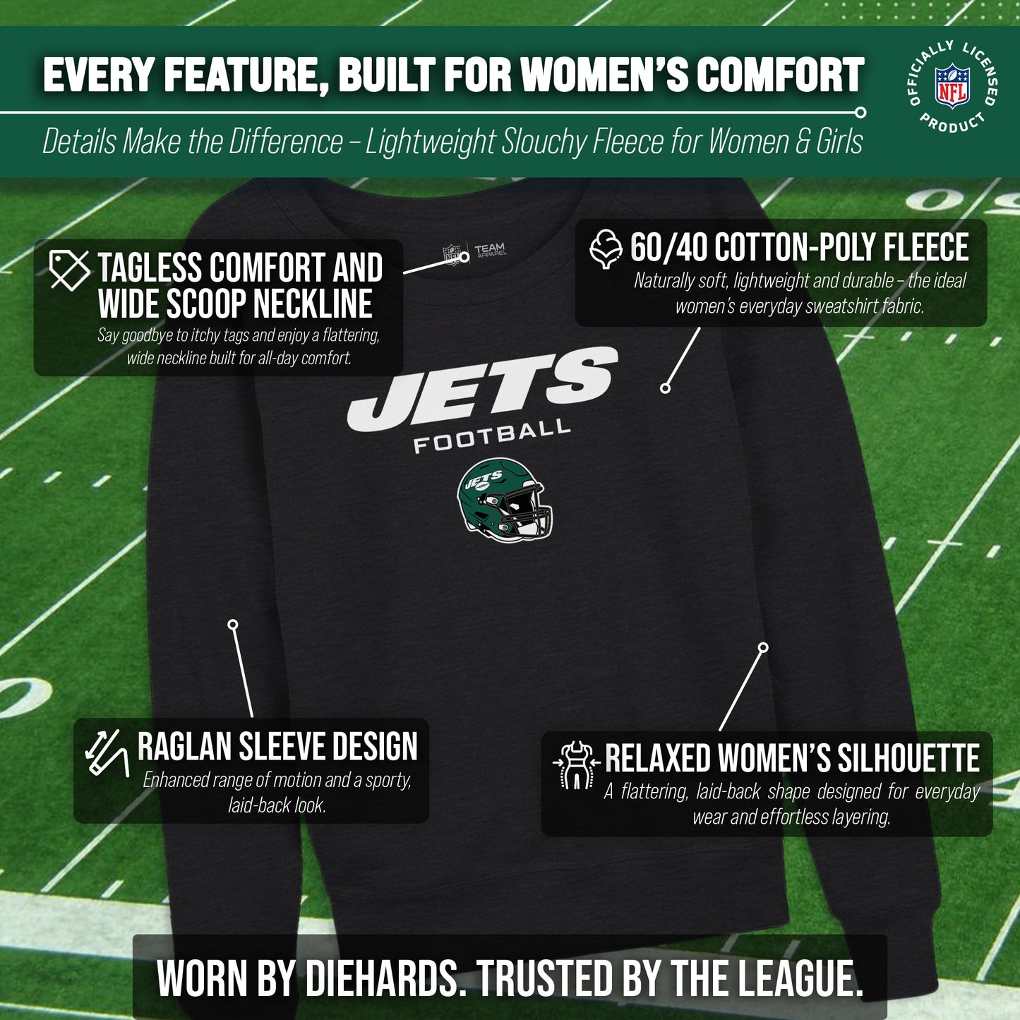 New York Jets NFL Womens Helmet French Terry Slouchy Top - Charcoal