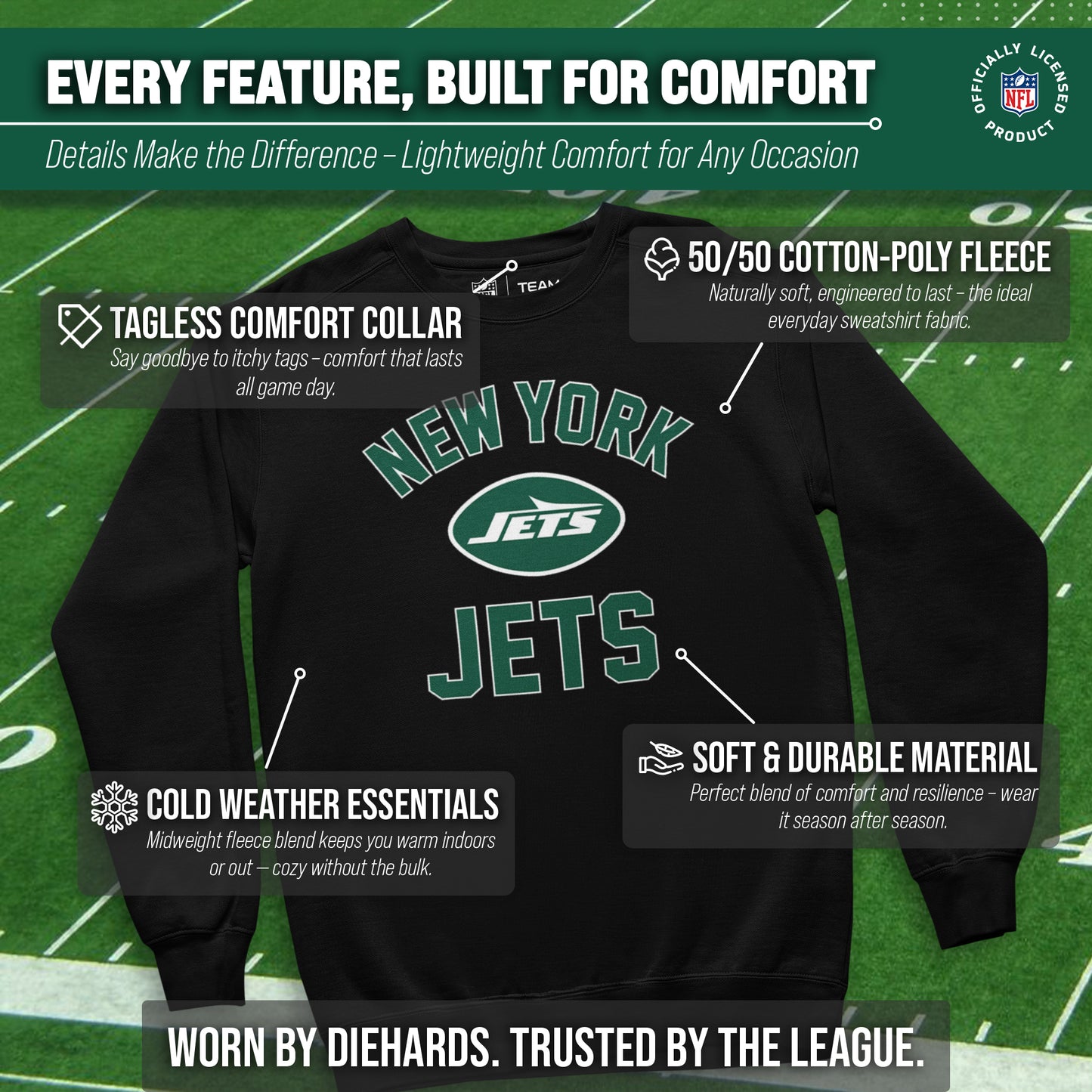 New York Jets NFL Adult Gameday Football Crewneck Sweatshirt - Black