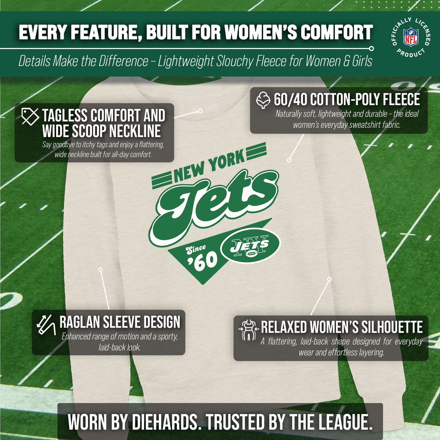 New York Jets NFL Womens Vintage Charm French Terry Slouchy Top - Birch