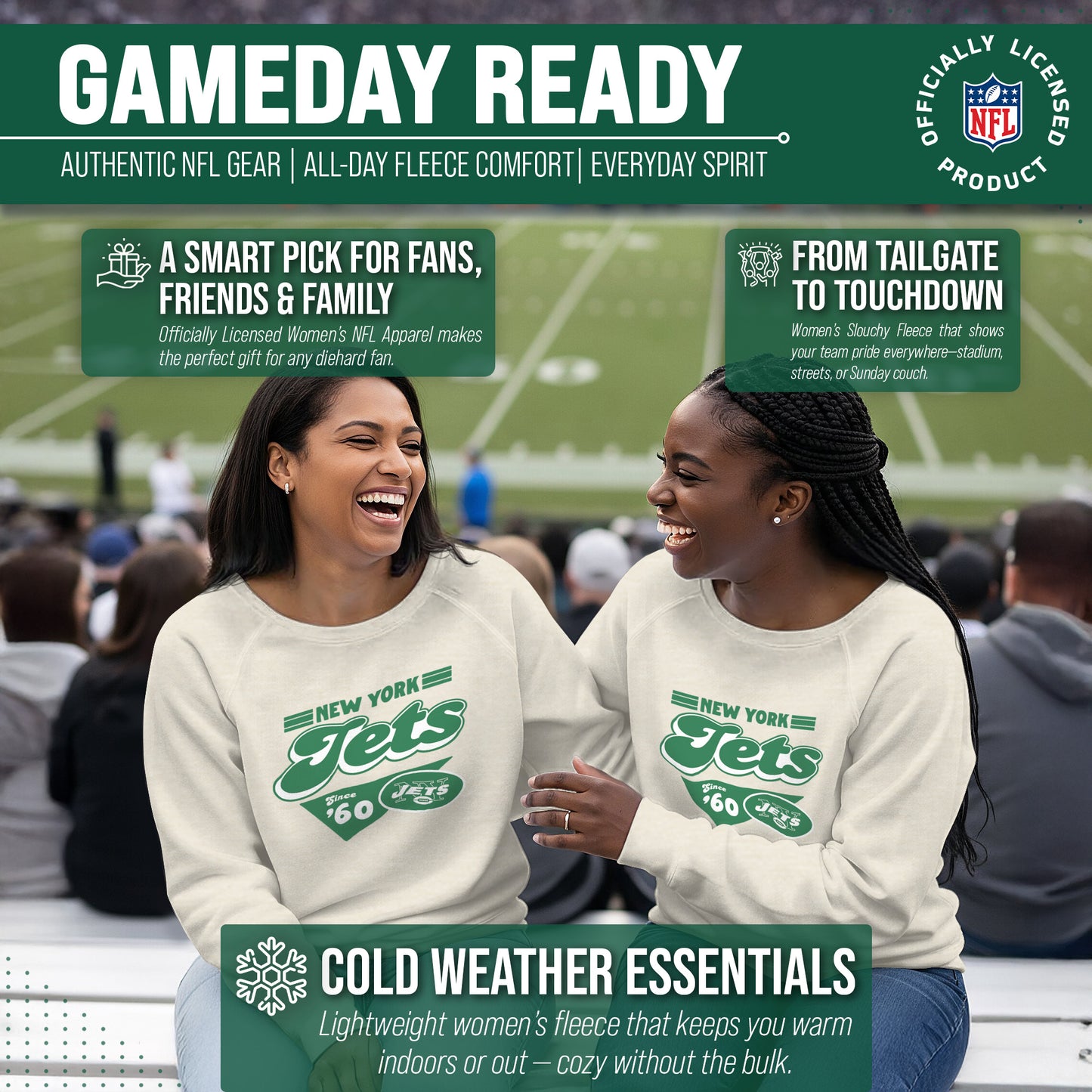New York Jets NFL Womens Vintage Charm French Terry Slouchy Top - Birch