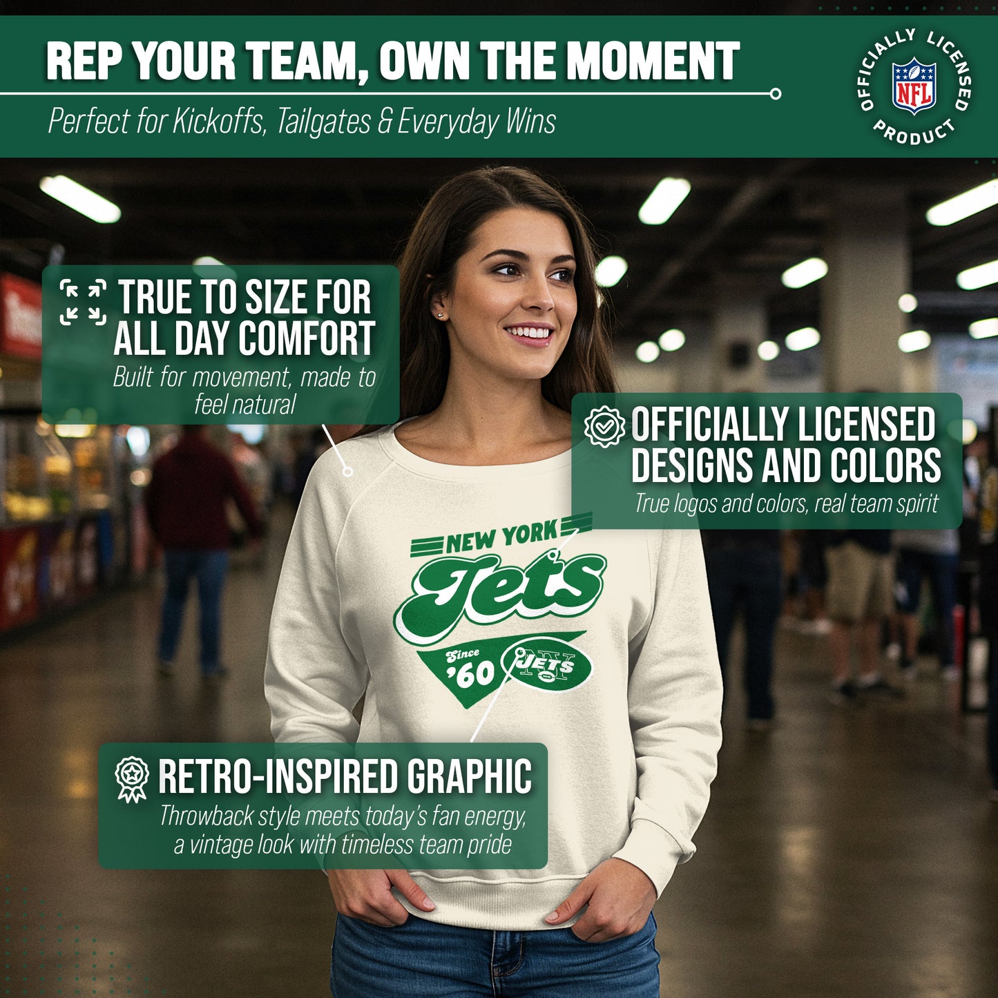 New York Jets NFL Womens Vintage Charm French Terry Slouchy Top - Birch