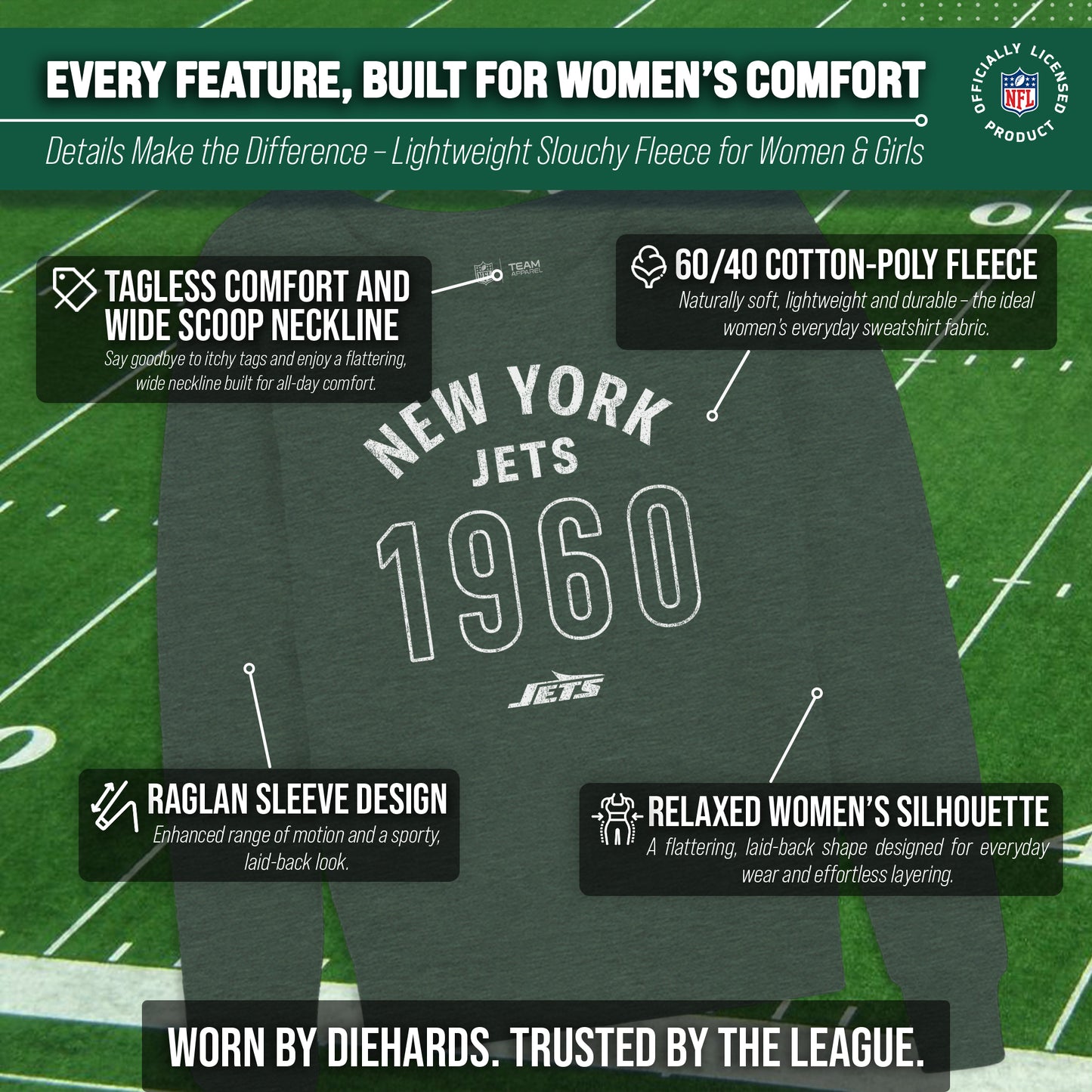 New York Jets NFL Womens Big Date French Terry Slouchy Top - Forest Green Heather