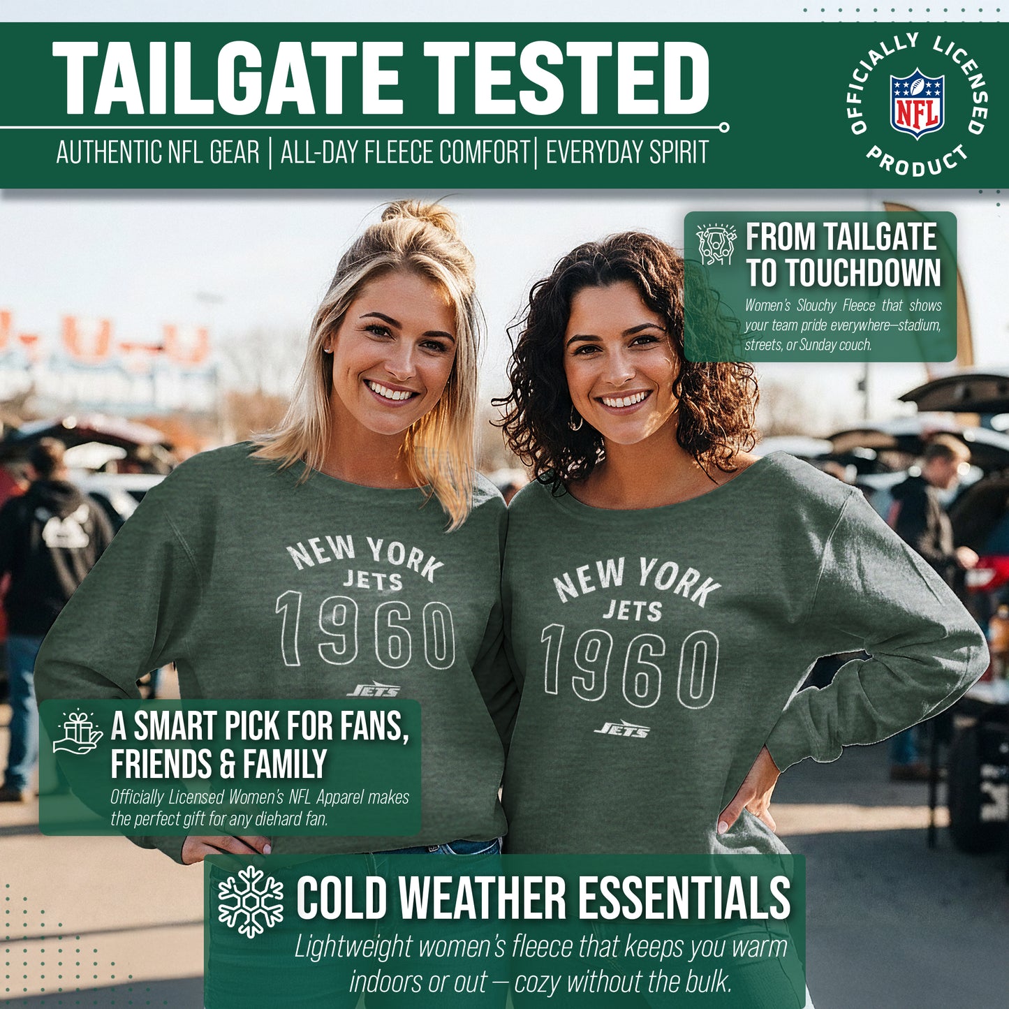 New York Jets NFL Womens Big Date French Terry Slouchy Top - Forest Green Heather