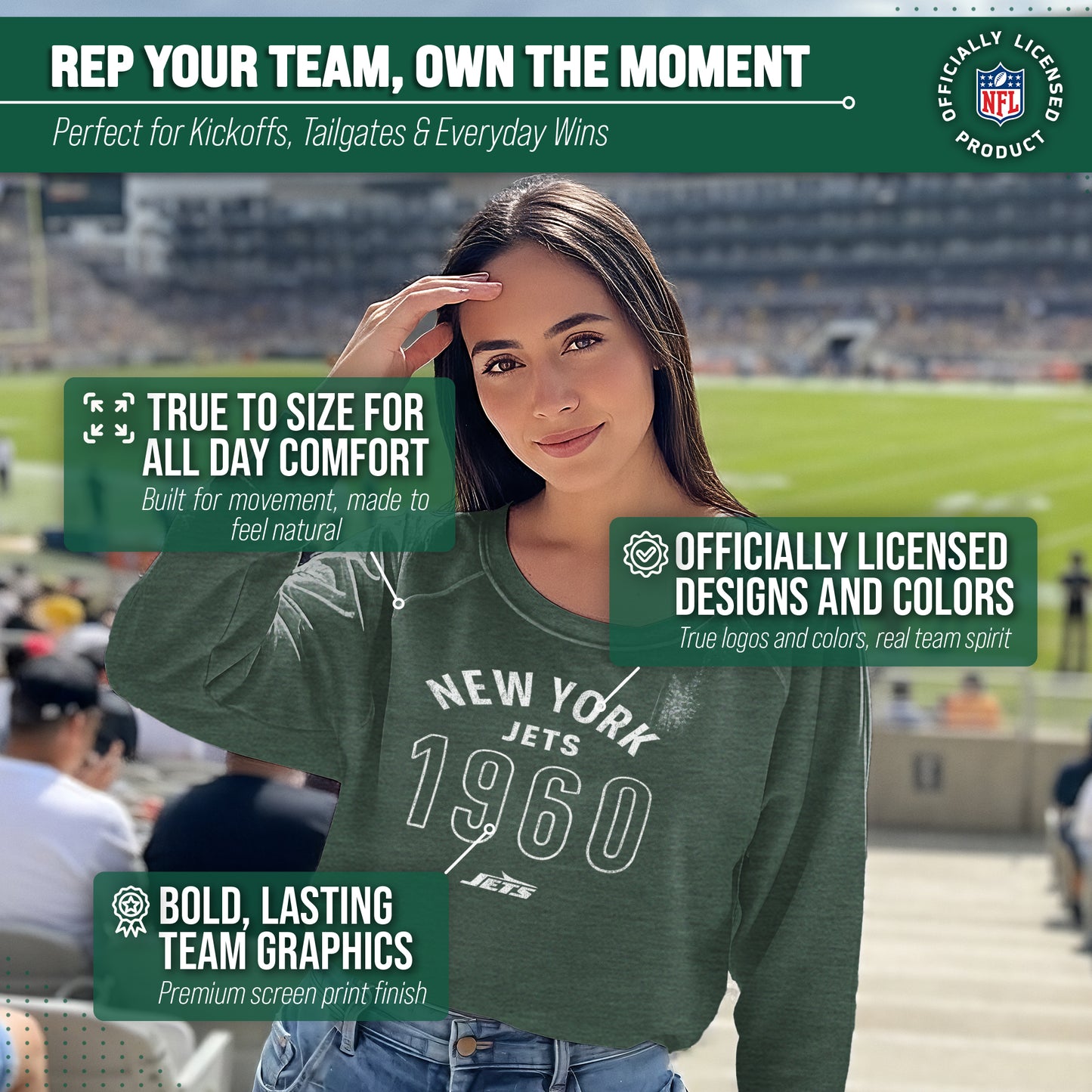 New York Jets NFL Womens Big Date French Terry Slouchy Top - Forest Green Heather