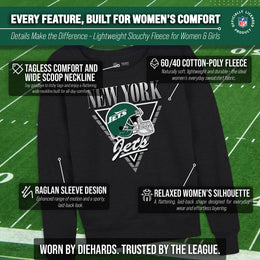 New York Jets NFL Womens Retro Triangle French Terry Slouchy Top- Raglan Sleeves - Heather Charcoal