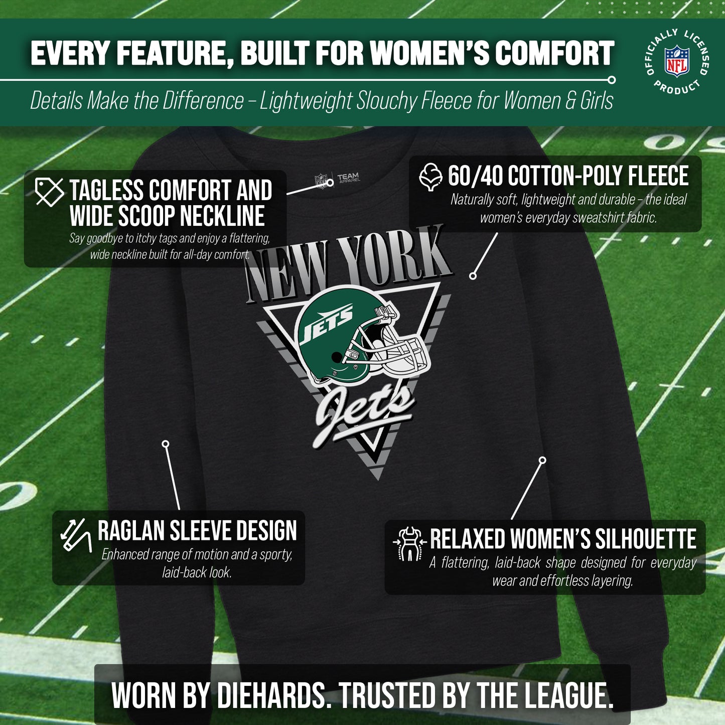 New York Jets NFL Womens Retro Triangle French Terry Slouchy Top- Raglan Sleeves - Heather Charcoal