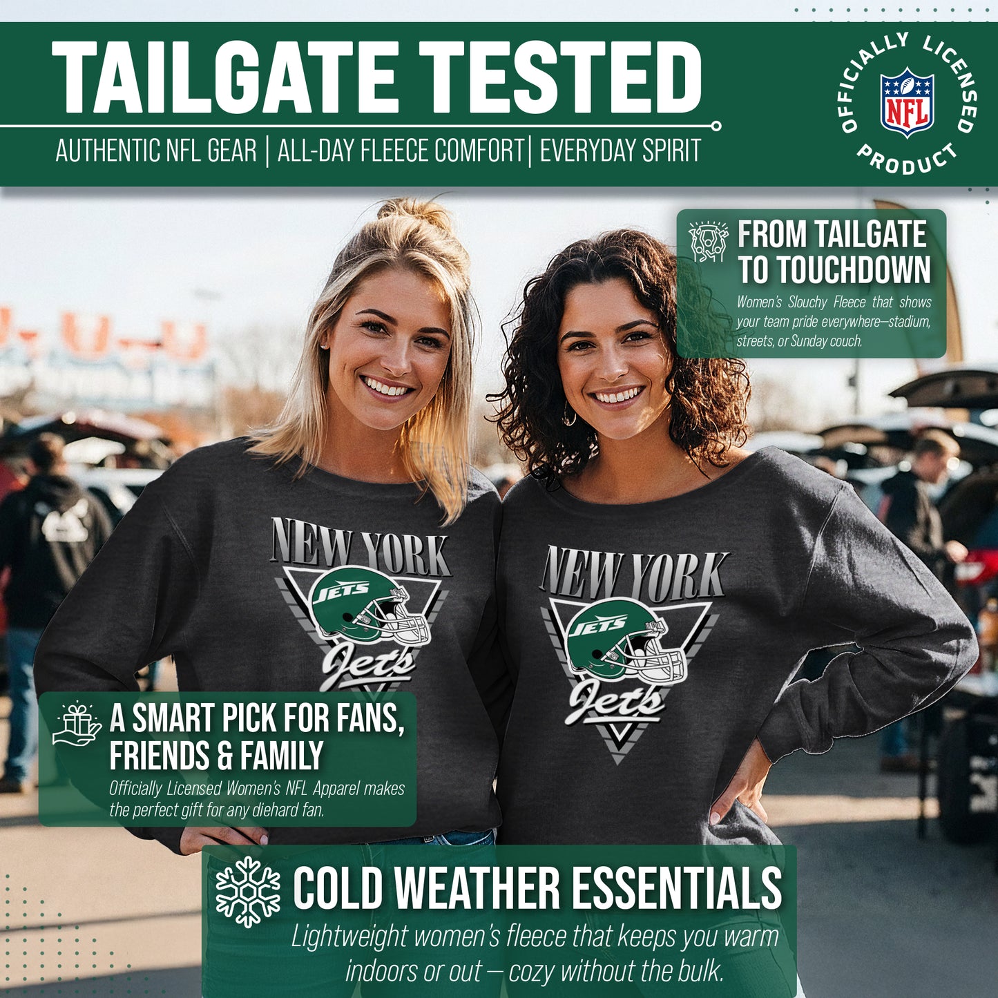 New York Jets NFL Womens Retro Triangle French Terry Slouchy Top- Raglan Sleeves - Heather Charcoal