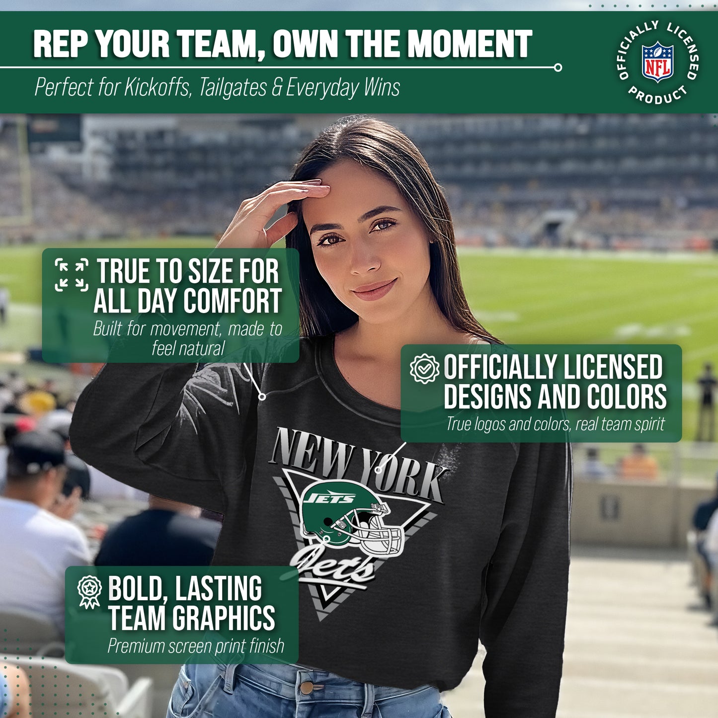 New York Jets NFL Womens Retro Triangle French Terry Slouchy Top- Raglan Sleeves - Heather Charcoal