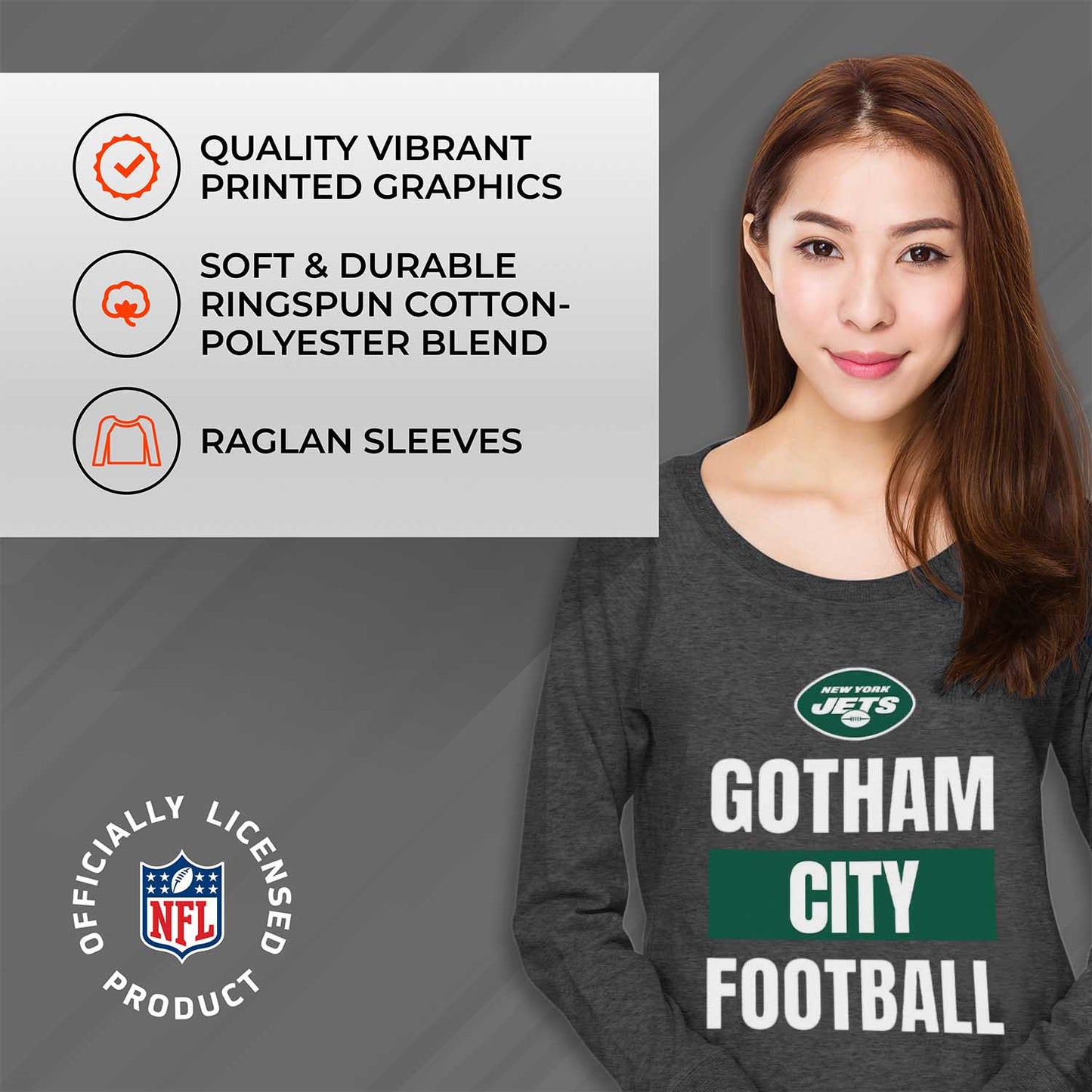 New York Jets NFL Womens Team Slogan Crew Neck - Charcoal
