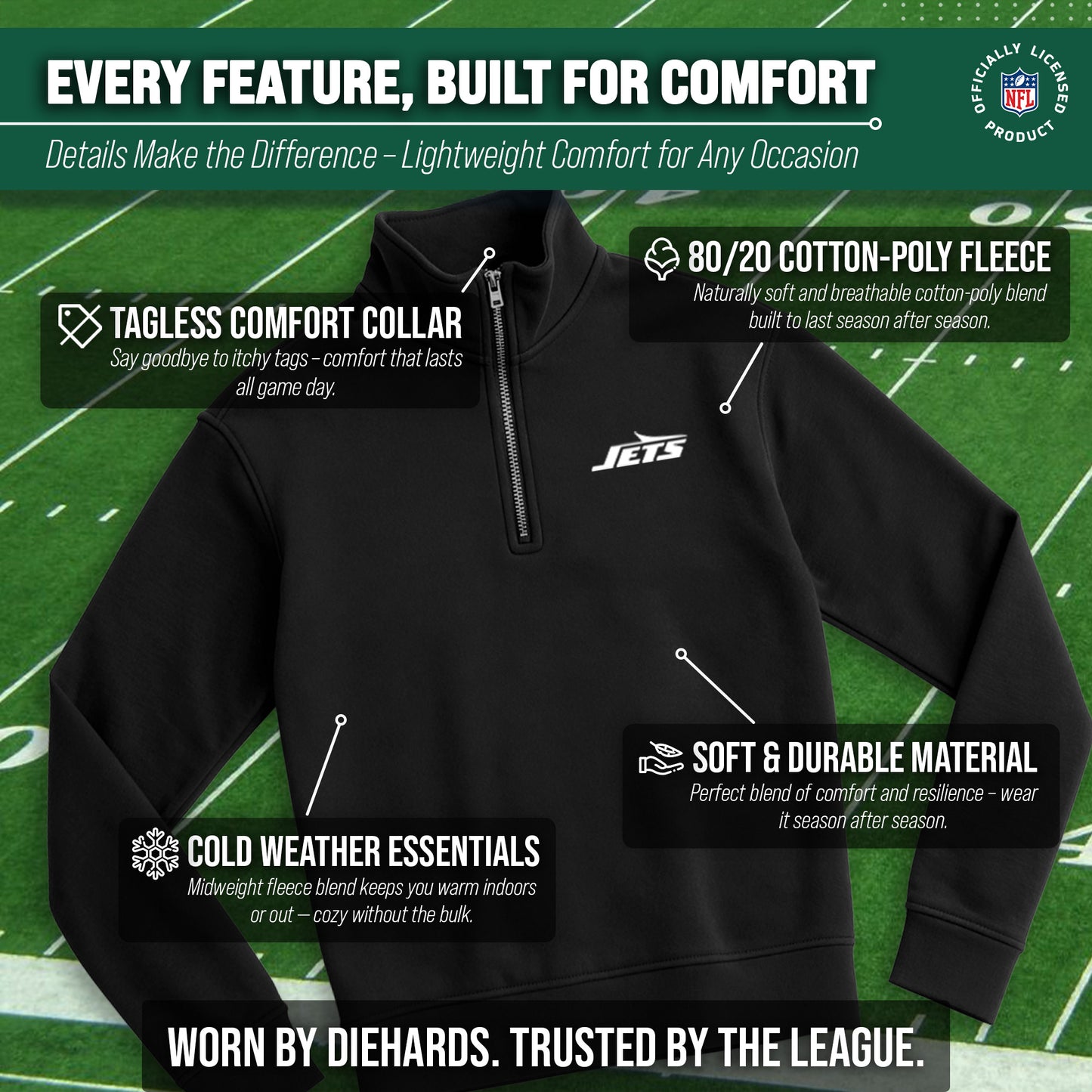 New York Jets NFL Adult Unisex Team Logo Quarter Zip Pullover Sweatshirt - Black